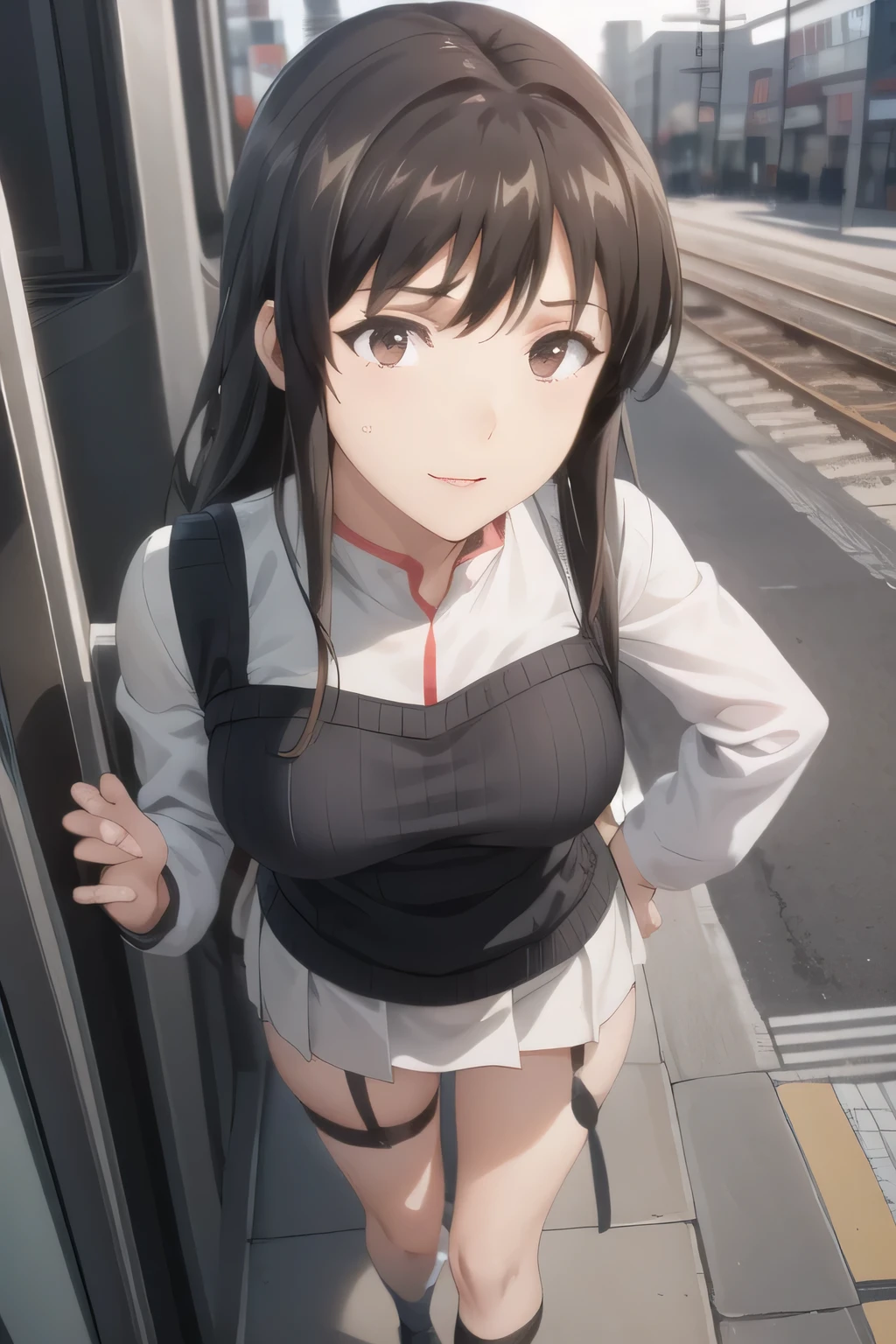 Super detailed, super high resolution, 64k, masterpiece, highest quality, beautiful eyes in detail, high resolution background, 1 girl, solo, masterpiece, 4K, highest quality, , black hair, pigtails, straight hair, dark blue Eyes,, Serafuku, neckerchief, pleated skirt, BREAK (headphones), standing, inside the train, looking away, looking out the window, holding a pole, (simple background: 1.3) ), various viewpoints, (((( Very erotic position, NSFW, jacket half removed, upper body showing skin, nipples, underwear)))),