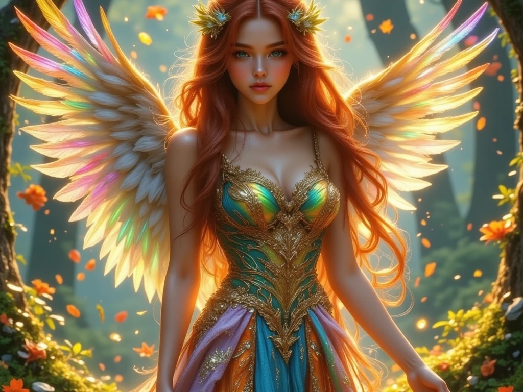 A captivating, hyper-detailed full-length portrait of a firebird girl in a renaissance-inspired setting. She is adorned with intricate feathers made of fire, shimmering like diamonds and crystals. In the background, an ethereal dreamscape is depicted, with flora and fauna mixed with filigree patterns. The girl's gown is made of flowing fabrics that blend into the dreamy atmosphere, with the air around her filled with a sense of magic and wonder.