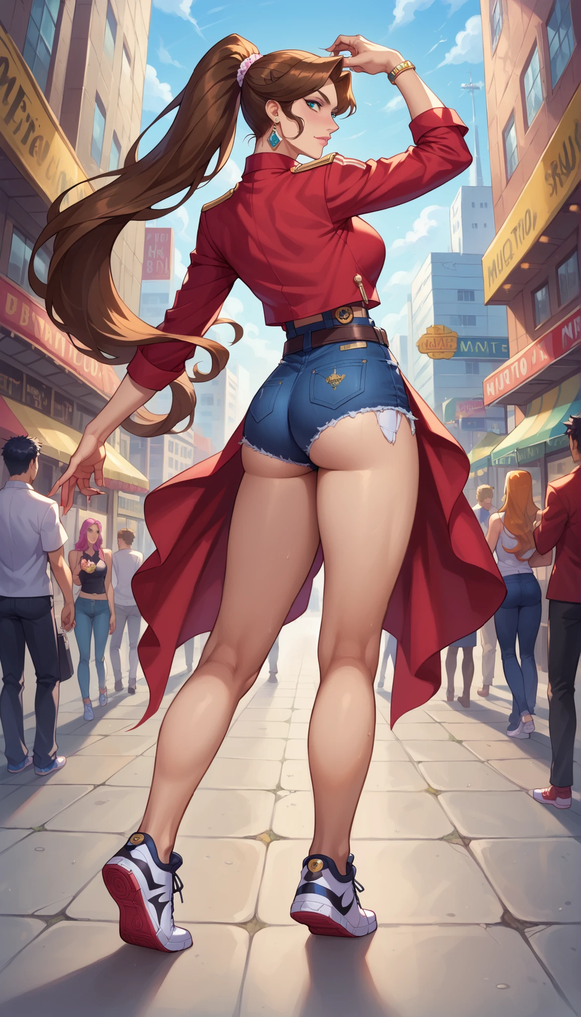 Power, cameltoe, random scenery, sexy, big ass, perfect anatomy, detailed, realistic, pretty face, beautiful eyes, thong, no bra, crop top