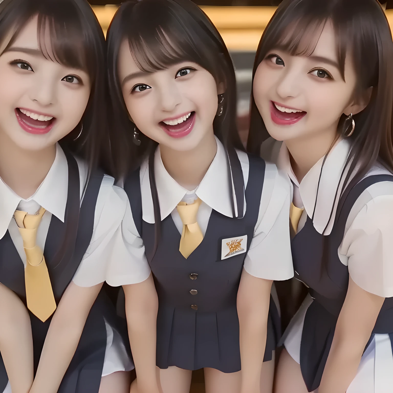 (highest quality, masterpiece, high resolution:1.2), 4K, (Clearly detailed foreground: 1.8), geometry, (Two succubi of Cute noble beautiful slender girl girly Japanese photo model are (singing in a classic music hall) and looking at the viewer with her too beautiful eyes like laughing fashion model: 1.3), (Using expensive face-whitening cosmetics to make her skin more beautiful and pure by professional makeup artist: 1.5), ((Dark blue) Japanese school girly vest Uniform with neat girly light-yellow short-sleeves school blouse, puffed short sleeves: 1.2), (white socks and school loafers, kicking back: 1.5), (Dark red glossy glossy school ribbon on the breast: 1.0), (Extremely laughing cheeks: 1.8), (Beautiful light-amber large clear open eyes with balanced and detailed cutely: 1.4), (double eyelids: 1.0), (highly curled bangs: 1.2), (Expressing the greatest joy with her whole body: 1.2), (Glossy lips: 1.0), (too long hair reaches her hips: 1.7), (cute earrings), (making the viewer crazy with her beautiful hands: 1.6), (white and clear skin: 1.0), (Laughing cute princess's eyes looking at me: 0.8), (Everything is organized to have strong effect of hypnosis for the viewer to fall into happy dream with many beautiful girls: 1.5), (The girls know well about the viewer's super fetishism for school uniforms, and satisfies it completely: 1.7)