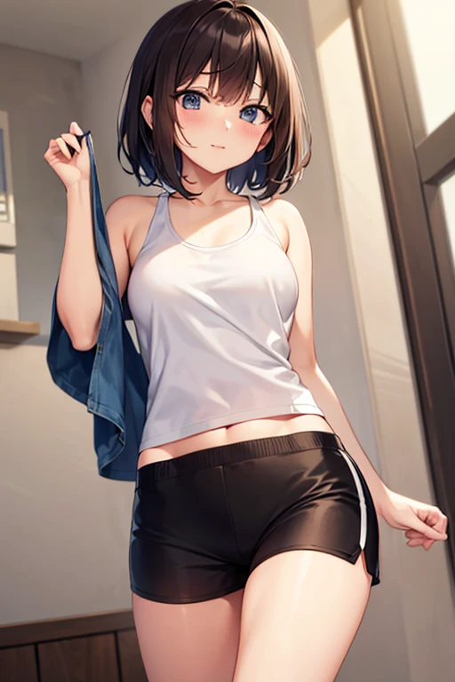 Troubled expression Raise hand Maki Horikita Beautiful girl Junior high school student White tank top Navel exposed Beautiful legs Track and field appearance Club activities Japanese classroom Small breasts Slender short stature Short hair Brown hair Whole body visible Sitting on desk Composition seen from below
