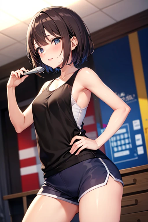 Highest quality,wonderful,finely,Highly detailed CG Unity 8k wallpaper, (1 Girl,Black Hair, blue eyes,short hair, Double Bang), (Small breasts:1.2), (Black T-shirt:1.1),  (clavicle:1.1), Shorts、Smiling Kindly、smile、 (Open your mouth:1.2), (zettai ryouiki:1.2),(narrow:1.2), (Are standing:1.2)、(holding a microphone in his hand:1.1)、((Commenting live))、Solid white background、Facing the camera