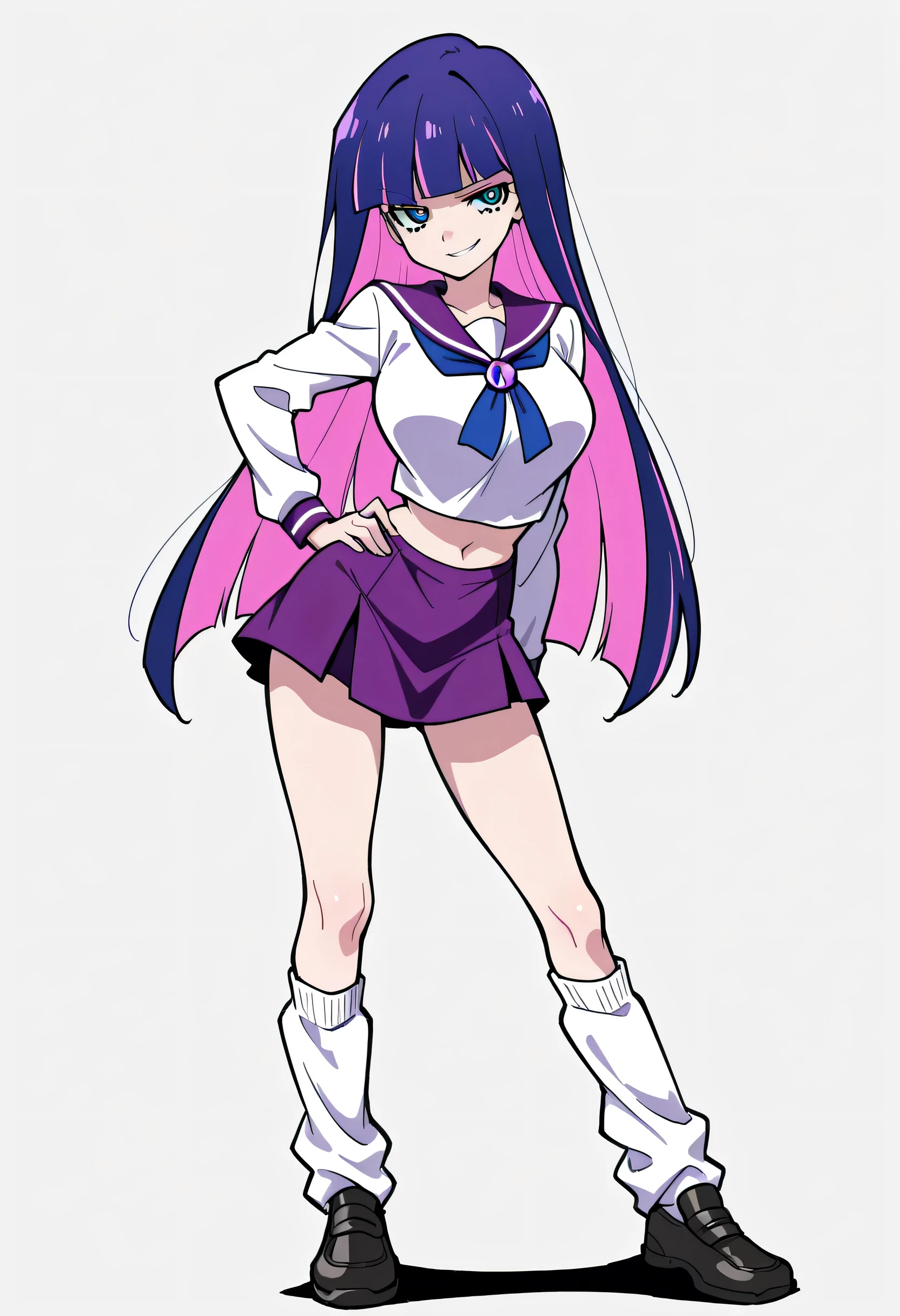 score_9, score_8_up, score_7_up, 1girl, mature, solo, smirk, long hair, bangs , straight hair, purple hair , pink highlights inner , purple eyes, violet sailor uniform, navel , short skirt, stocking, big breast , arched back , hand on hip , loose socks, casual stance , shoes , blank background ,
v3r1d1an,