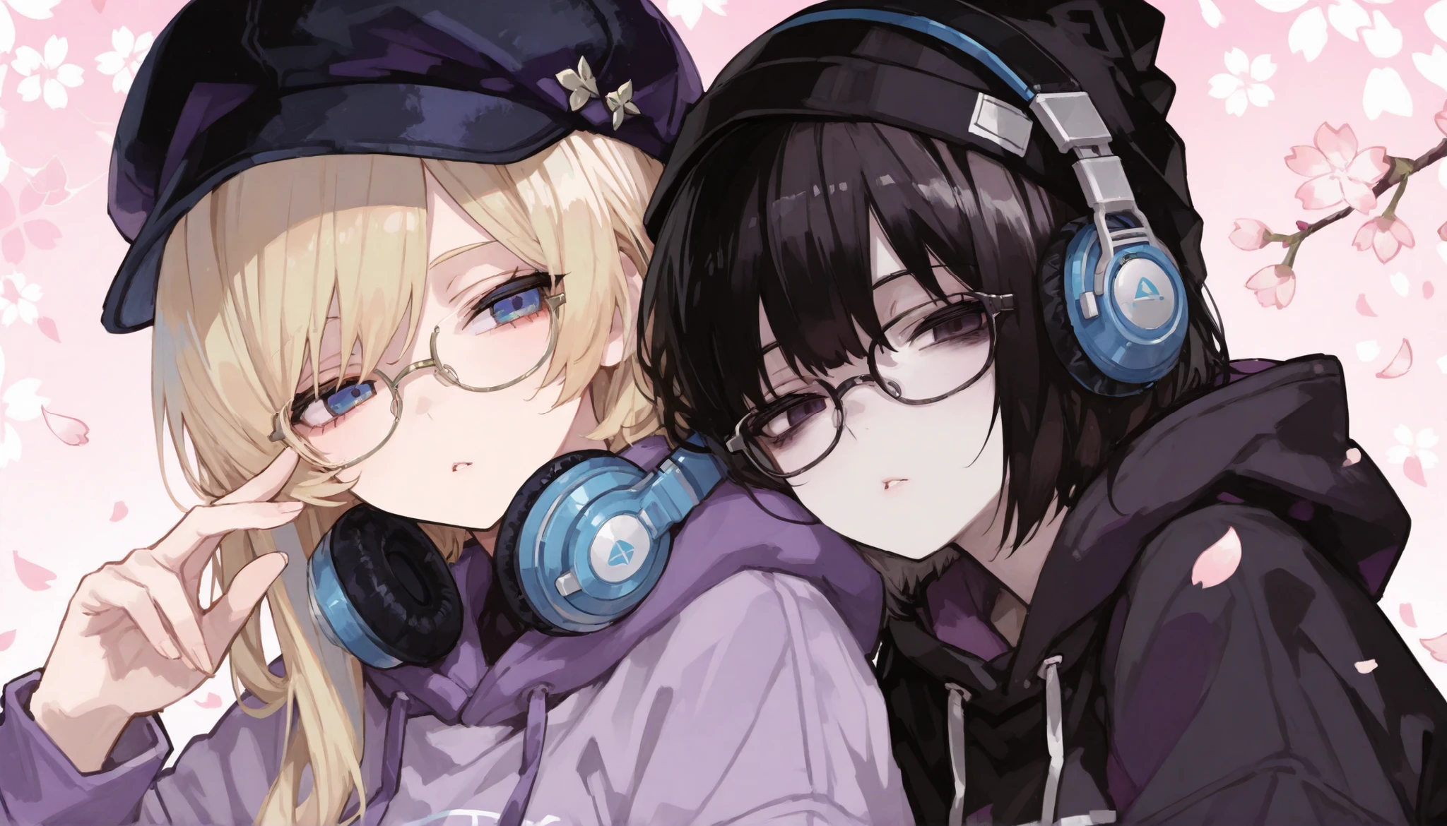 2girls, (one girl with blue eyes and blonde hair wearing headphones and a purple hoodie), (one girl with short black hair and dark eyes wearing a black cap and glasses and a black hoodie), sakura blossom background, petals, masterpiece, beautiful