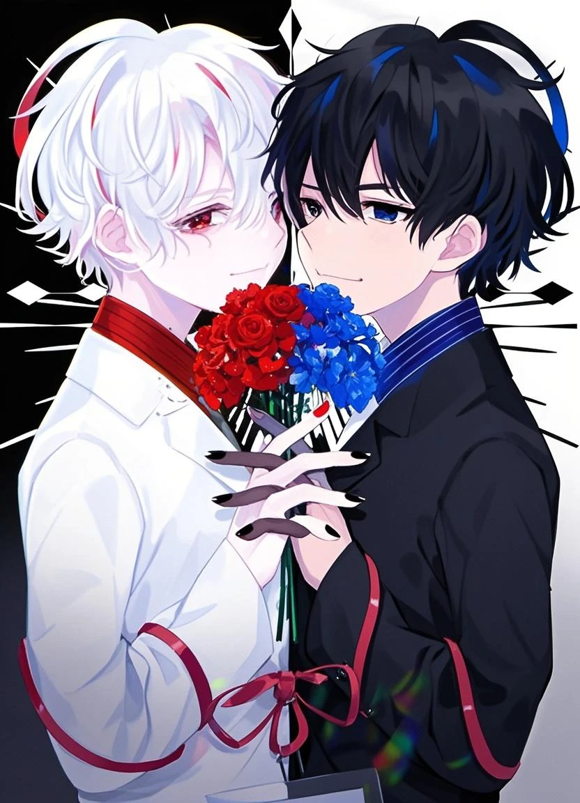 (2boys:1.1)(aged_down:0.7)(flower:0.3)(lily_(flower):0.2)(multiple_boys:0.4)(red_flower:0.5)(red_rose:0.7)(rose:0.4)(shorts:1)(white_flower:1)(white_rose:0.6), expressive brush strokes, absurdres, highres, ultra detailed