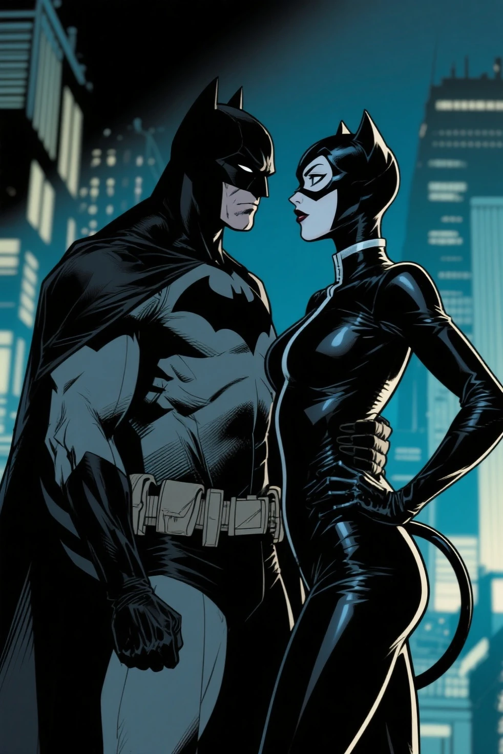 The image is a comic book panel featuring two characters.batman and catwoman catwoman, dressed in a black catsuit and wearing a mask with cat ears, is leaning over another character who is lying on the ground. The character lying down is dressed in a dark costume resembling a Batman. The background shows a row of columns in a nighttime scene.
Nsfw
The sex scene suggests a moment of flirtation and tension between the two characters.