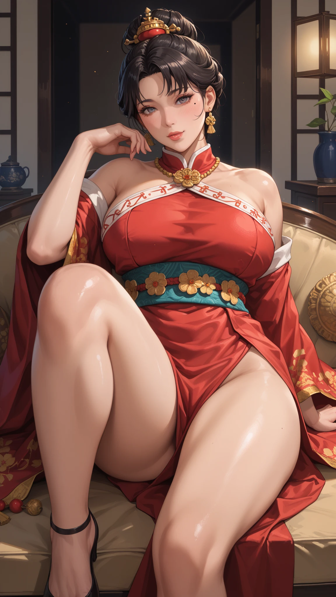 score_9, score_8_up, score_7_up, source_anime kasumi from dead or alive, blue kimono, sit in chair, crossed legs, milf