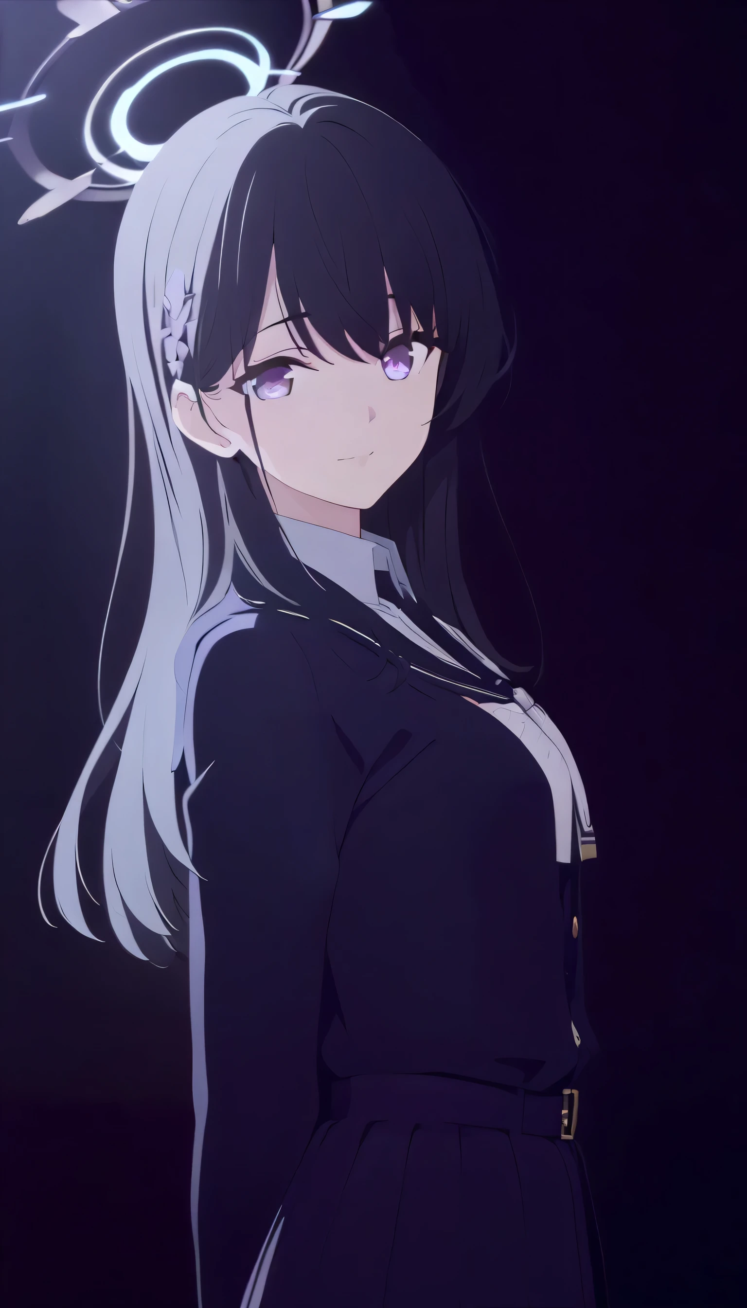 masterpiece, best quality, cg art, solo, 1girl, black hair, long hair, lavender eye, medium breast, dark purple school uniform, standing, looking at viewer, confession, calm, composed, smile, loving gaze, pitch black background only