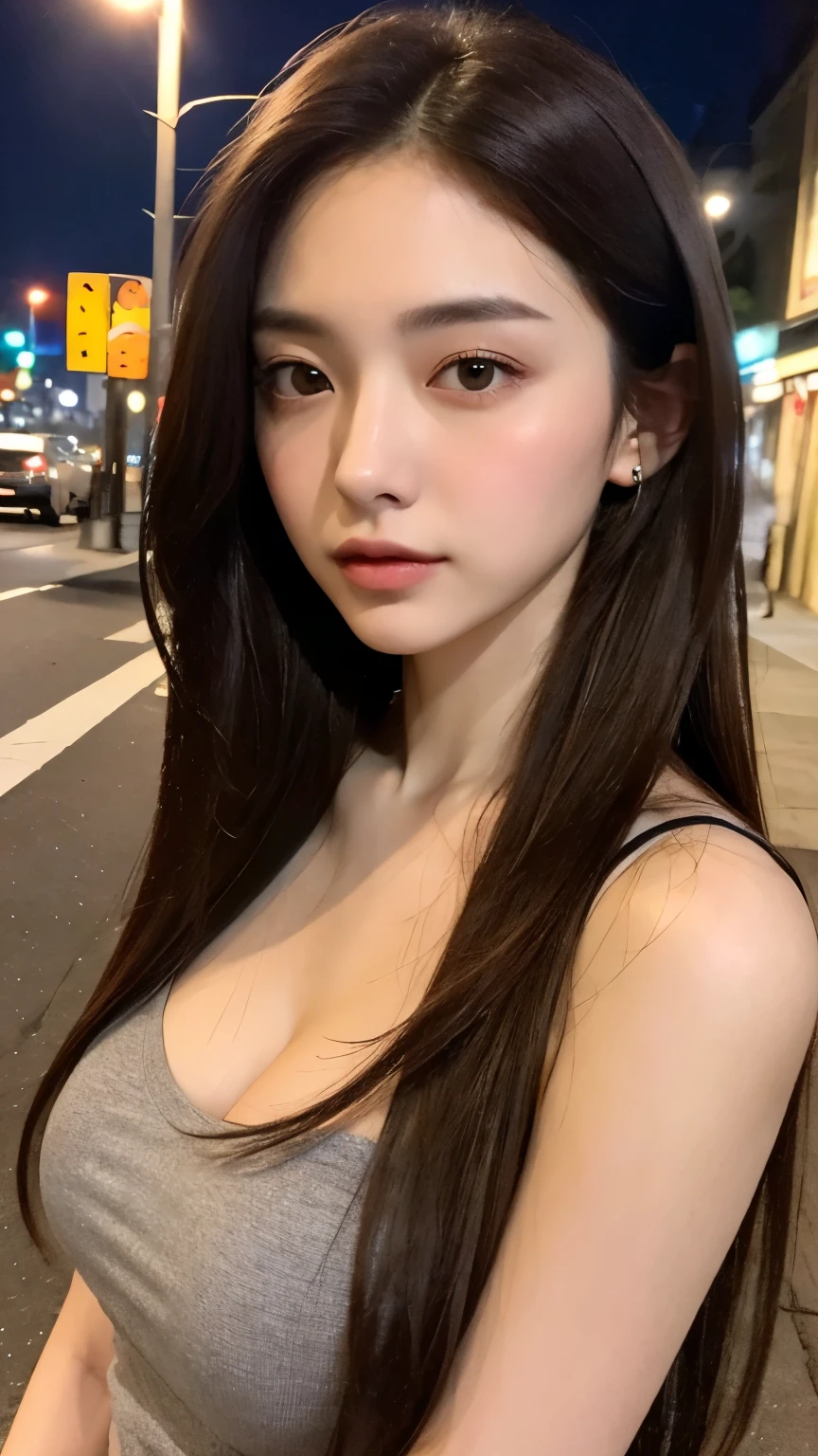 ((best qualtiy, 8k, tmasterpiece:1.3)), sharp:1.2, perfect figure beautiful woman:1.4, Slim abs:1.2, ((Layered Hair Style, huge tit:1.2)), (Long shirt with wet white buttons：1.1），（Sateen，the street：1.2），Get wet：1.5，Highly detailed facial and skin texture，A detailed eye，二重まぶた，Look sideways at the camera，Swimsuit beauty