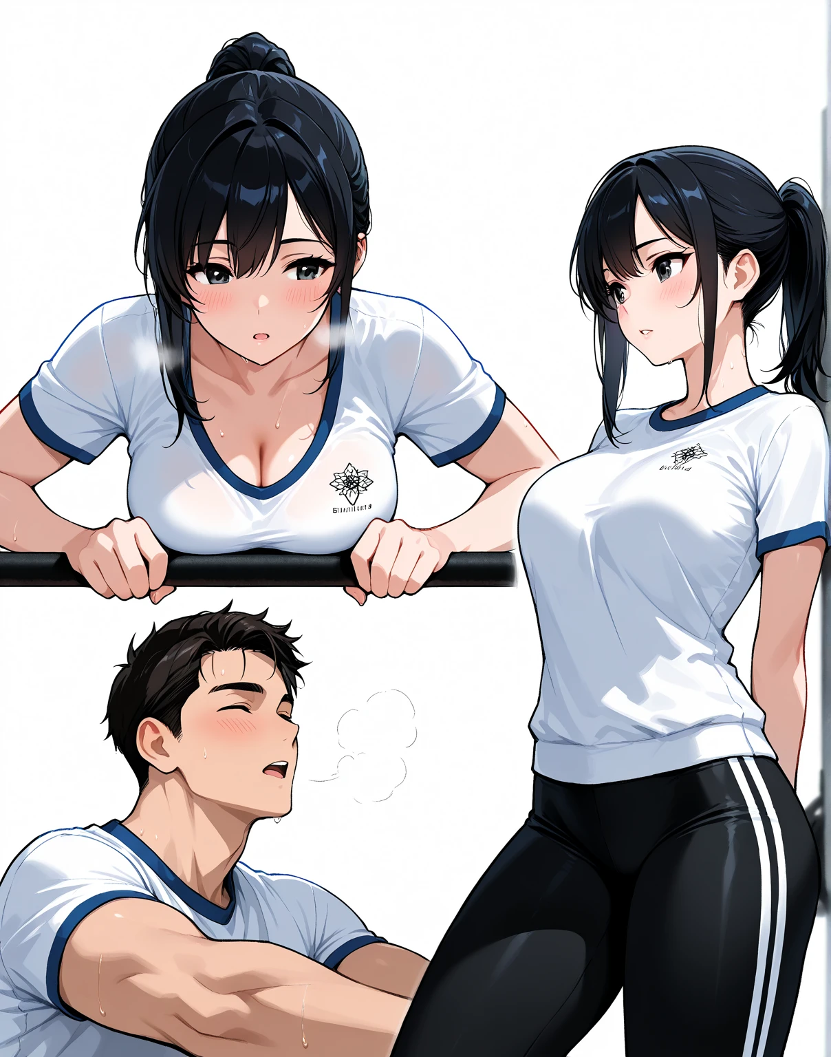 1boy, buzzcut, 1girl, bangs, black hair, blush, medium breast, gym short sleeve white shirt, gym shorts, boy grab girl's chest, cute, love, couple, adorable, long sleeves, dating, face to face, (kiss, deep kiss,) open eyes, girl back leaning wall, indoors, bedroom, 