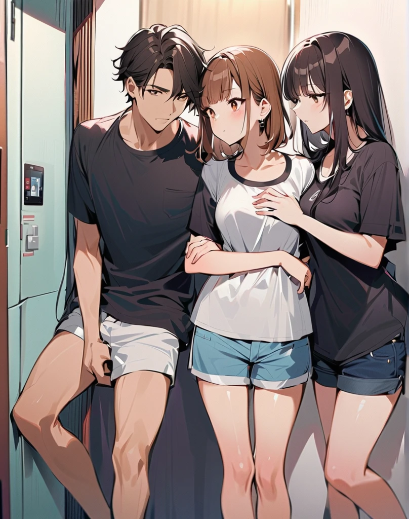 {
  "Full body and side view picture of a 3 man and a  in a cozy kitchen with soft morning light filtering through the windows, camera_angle: {Full body, side view, focusing on their intimate proximity}, outfit: {Man: casual attire; Girl: wavy brown hair, blue eyes, fair skin, freckles, wearing pajamas: shorts and tank top}, physical_description: {Man: medium build, dark hair; Girl: slim body, round face, nervous yet curious expression}, background: {Cozy kitchen with modern appliances, sunlight streaming in, creating a warm atmosphere}"
}
