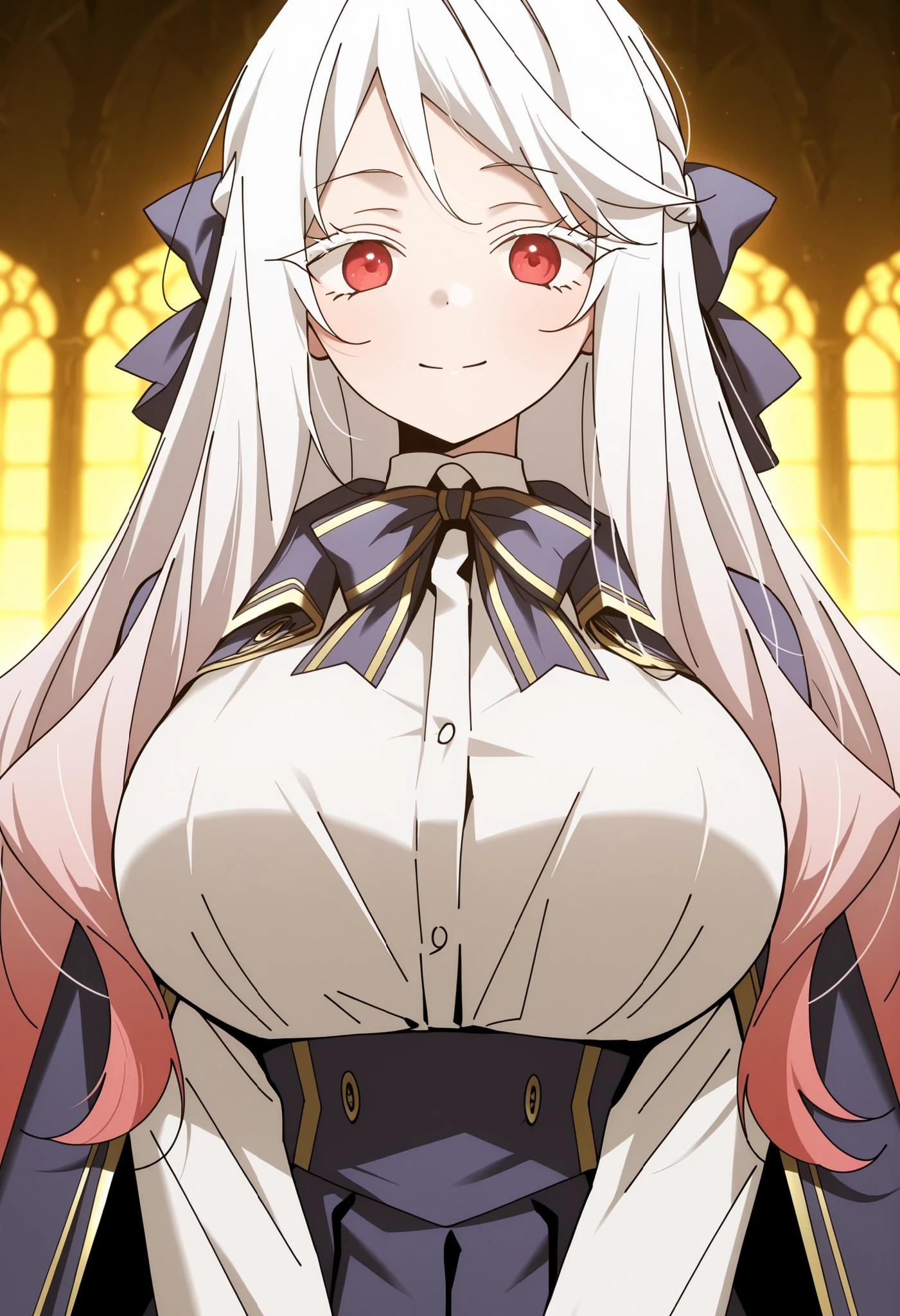 masterpiece, best quality, cinematic lighting, amazing quality, very aesthetic, absurdres, best quality, 4k, upscale, anime coloring, source_anime, anime screencap,

1girl, solo, looking at viewer, straight-on, upperbody, breast focus, fantasy school, skindentation, detailed clothing folds, depth of field, sharp, soft lighting, frontal lighting, smile

school uniform, neck ribbon, braid, hair bow, white shirt, blue cape, blue skirt

hongbiyeon, red eyes, gradient hair, white hair, long hair, white eyelashes, huge breasts