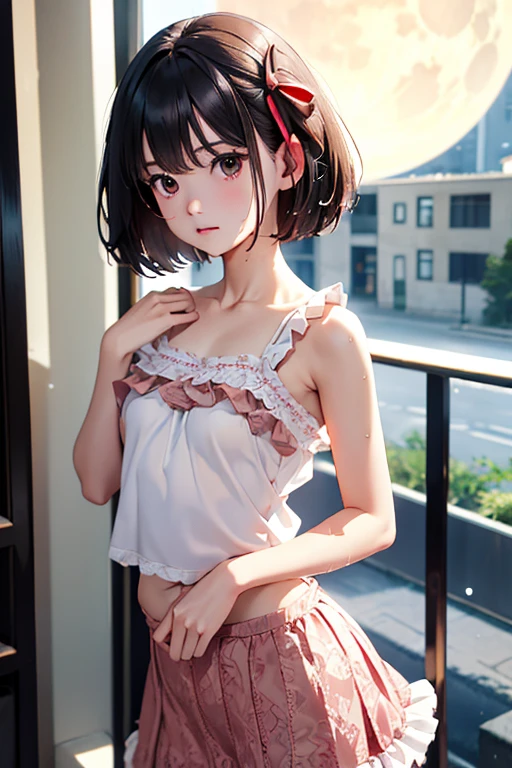 Solo, 1Girl, Emo-Femboy Appearance, Adorable Appearance, Short Black Unruly Hair, Lots of Cowlicks in Hair, Messy Fringe Hairstyle, Bangs Covering Eyes, Eyebags, Soft Droopy Eyes, Very Small Perky Breasts, Narrow Waist, Wide Hips, Large Shapely Ass, Thick Squishy Thighs, Pink and White Tank Top, Pink Skirt, Pink Striped Panties, Striped Pink and White Thighhigh Socks, Pink Garter Belts, Pink Choker on Neck, Standing Up, Blushing, Super Pale Skin, Living Room Background