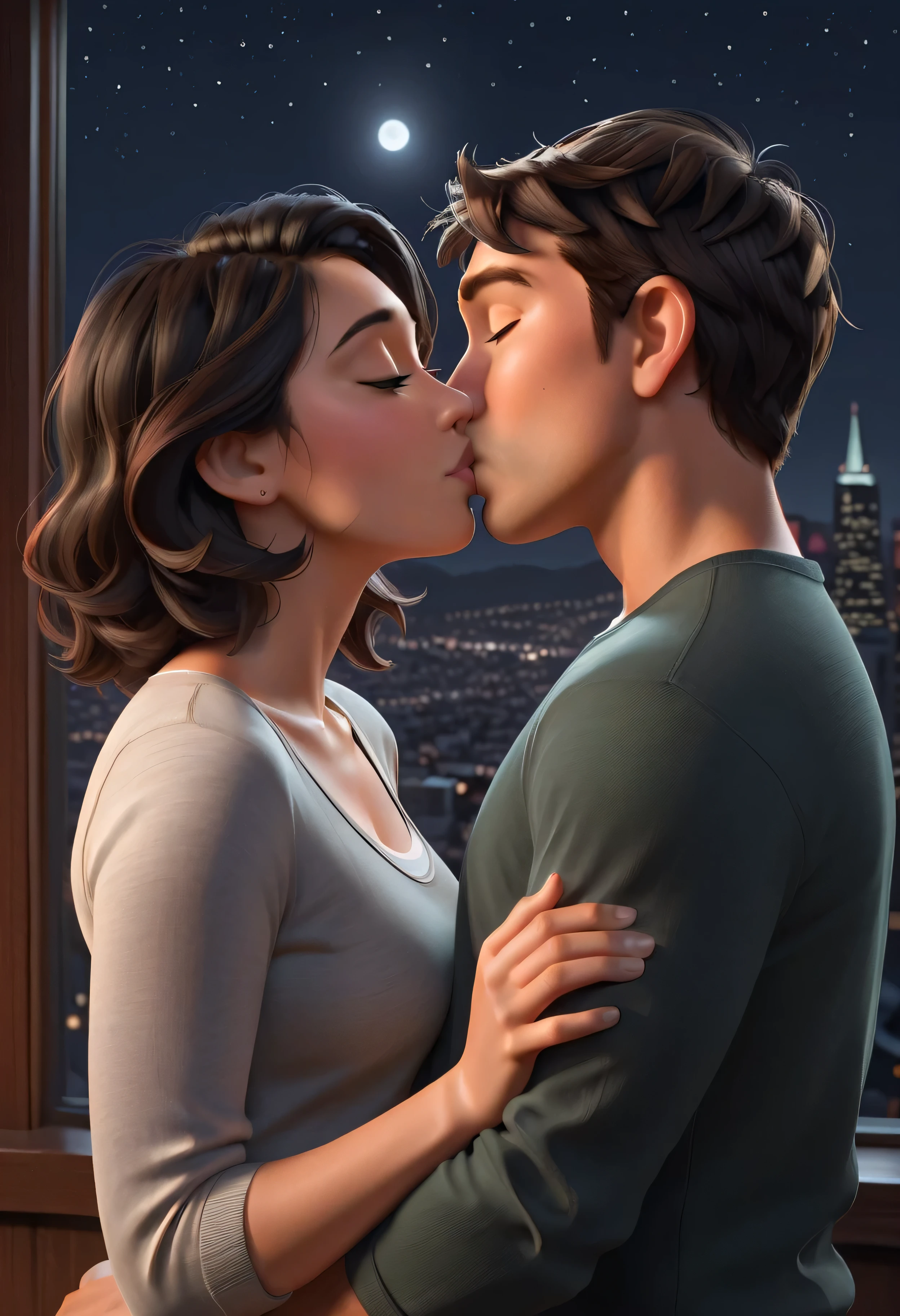 (Two people kissing). (1 boy, 1 girl), Cass Hamada kissing Tadashi Hamada, Big Hero 6, detailed facial features, romantic expression, dynamic pose, high quality, 8k, ultra detailed, soft lighting, romantic atmosphere, San Francisco cityscape background, window view, night-time, moonlight, soft accents, muted colors, deep shadows, moody tones, oil painting