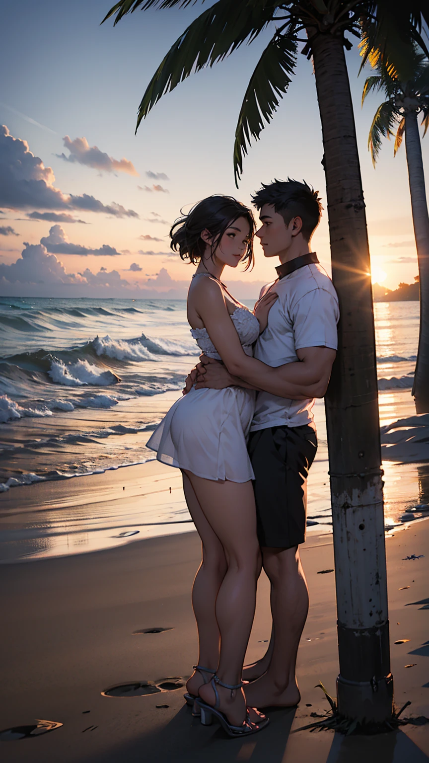 The sunset illuminates the scenery on the beach, while the couple's hands are intertwined, in a romantic and affectionate gesture.