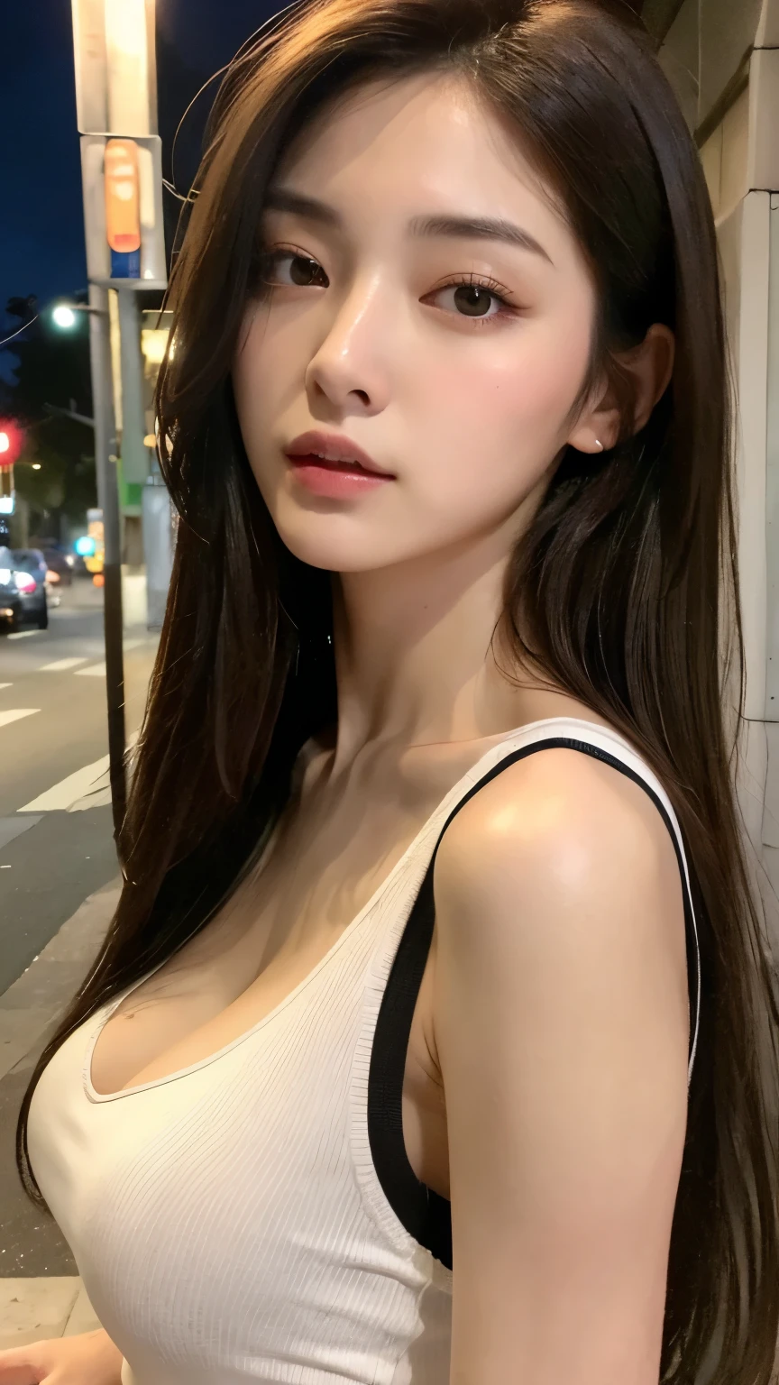 ((Best quality, 8k, Masterpiece :1.3)), Sharp focus :1.2, A pretty woman with perfect figure :1.4, Slender abs :1.2, ((Dark brown hair, Big breasts :1.2)), (Natural light, City street:1.1), Highly detailed face and skin texture, Detailed eyes, Double eyelid