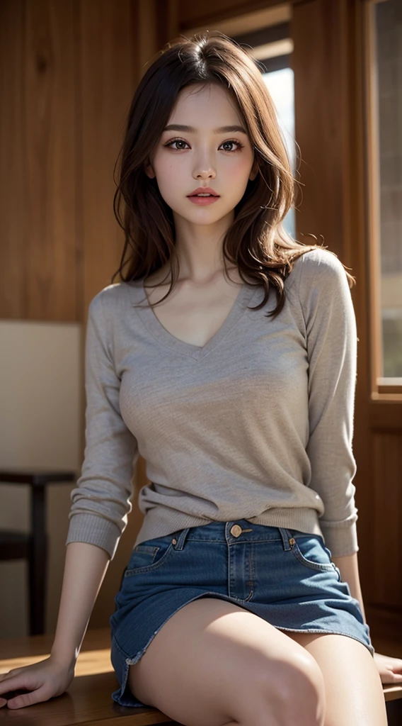 ((masterpiece))、((highest quality))、photograph、16K、reality、High level image quality、super detailed、married woman、40 generations、plump body、8 life size、anatomically correct proportions、delicate features、long hair fluttering in the wind、Realistic background and accessories、sexy smile、captivating gaze、big and full breasts、soft chest、natural soft light、living room、sofa、Standing near the window、Grey polo shirt、black mooth and beautiful thighs、