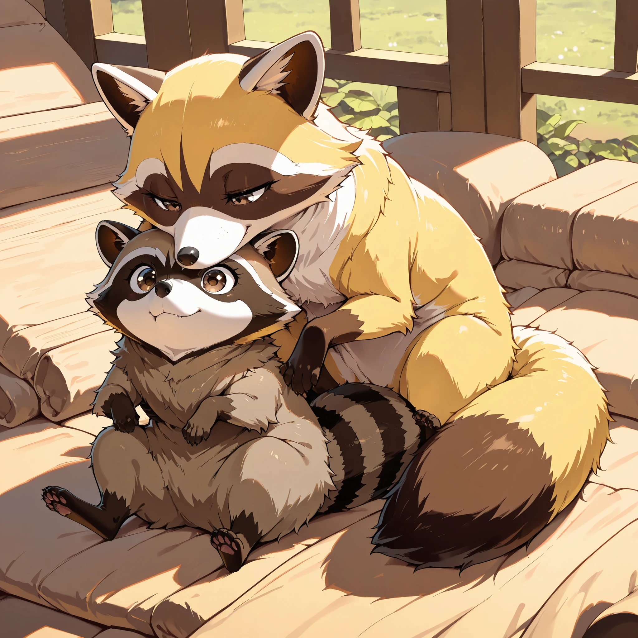 ((Best Quality)),( super high definition),(Super detailed),( detailed description ),((The best CG)),(masterpiece), 2animals, There are two different animals, one is a raccoon and the other is a fox,in animal form:1), (raccoon and fox are best couples ,(the fox is very cute,the fox has yellow fur and white face)