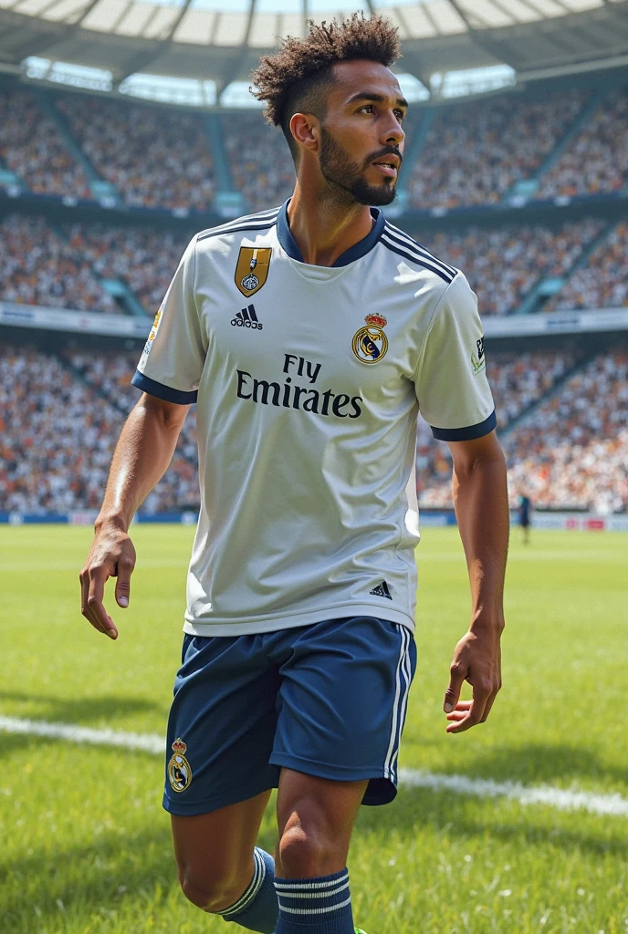 Brazilian gentleman, 25 years old, skin tanned,beautiful and elegant, vestindo uma real madrid shirt outfit, masculine, photo by full body,(ultra details, photorrealistic, best quality, 4K, high resolution, Artwork:1.3), a mature man, charming and distinguished , (muscle building body), Accessories include a luxury wristwatch, muscle veins. real madrid shirt outfit, in front of a stadium with some people around it.