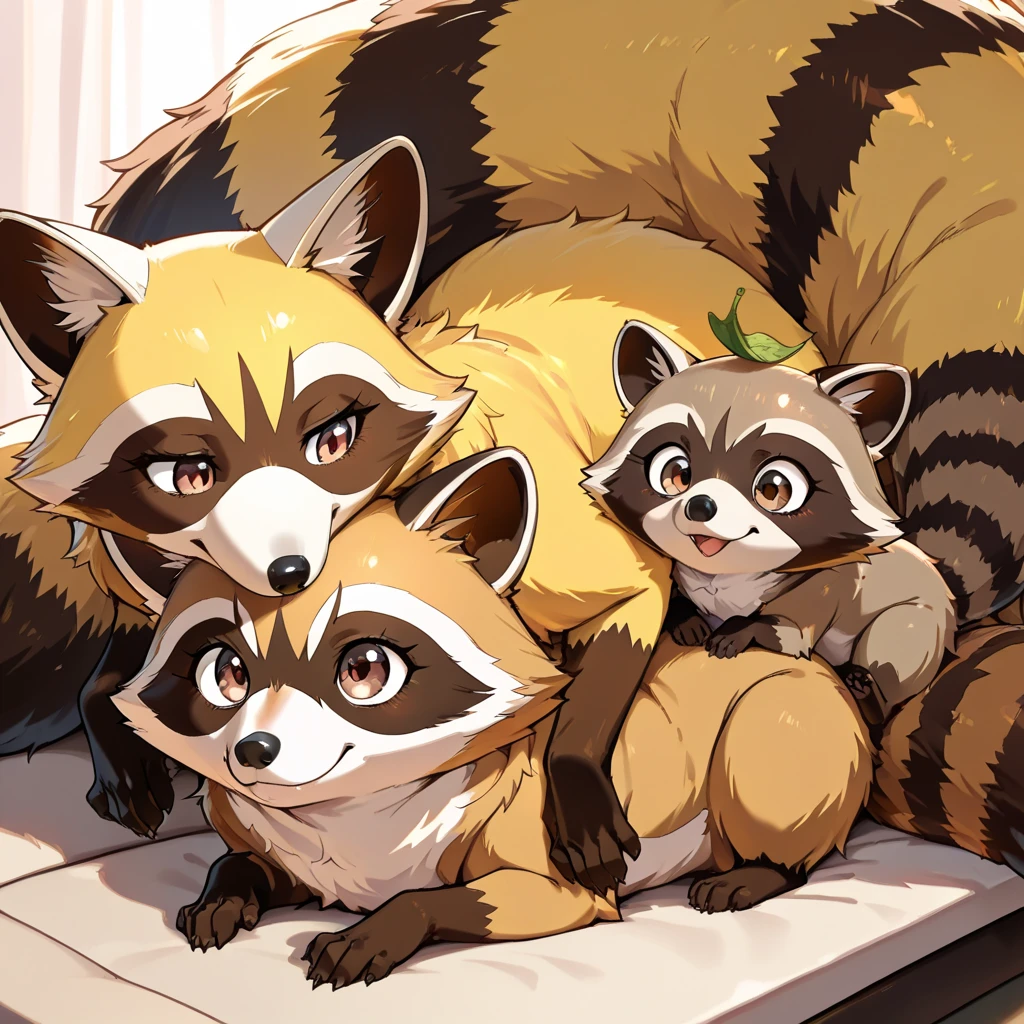 ((Best Quality)),( super high definition),(Super detailed),( detailed description ),((The best CG)),(masterpiece), 2animals, There are two different animals, one is a raccoon and the other is a fox,in animal form:1), (raccoon and fox are best couples ,(the fox is very cute,the fox has yellow fur and white face)