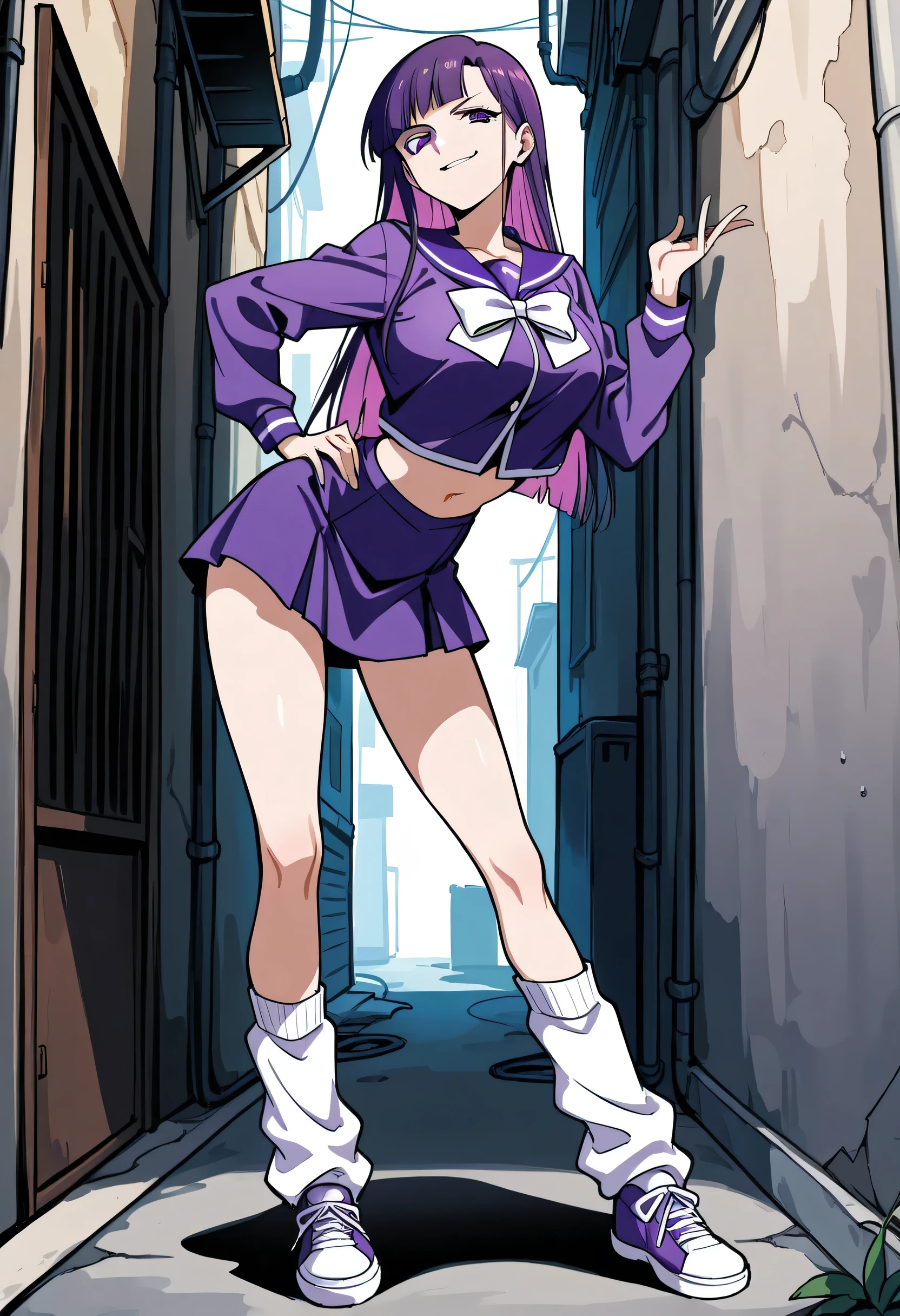score_9, score_8_up, score_7_up, 1girl, mature, solo, smirk, long hair, bangs , straight hair, purple hair , pink highlights inner , purple eyes, violet sailor uniform, navel , short skirt, long legs , big breast , arched back , hand on hip , loose socks, casual stance , shoes , alley background ,
v3r1d1an,