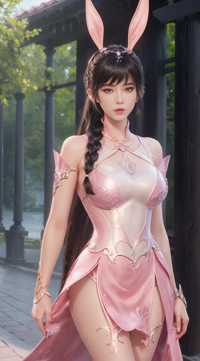 8k, masterpiece, a close up of a woman in a  dress, perfect front body, bare thigh, ((very long hair)), a beautiful fantasy empress, ((pink fantasy dress:1.5)), beautiful fantasy maiden, fantasy art style, trending on cgstation, beautiful and elegant elf queen, beautiful maiden, shining skin, intricate ornate anime cgi style, ((a beautiful fantasy pink empress)), beautiful alluring Realistic woman, shining skin, in the park, sun shining, Realistic shadow, front poses,