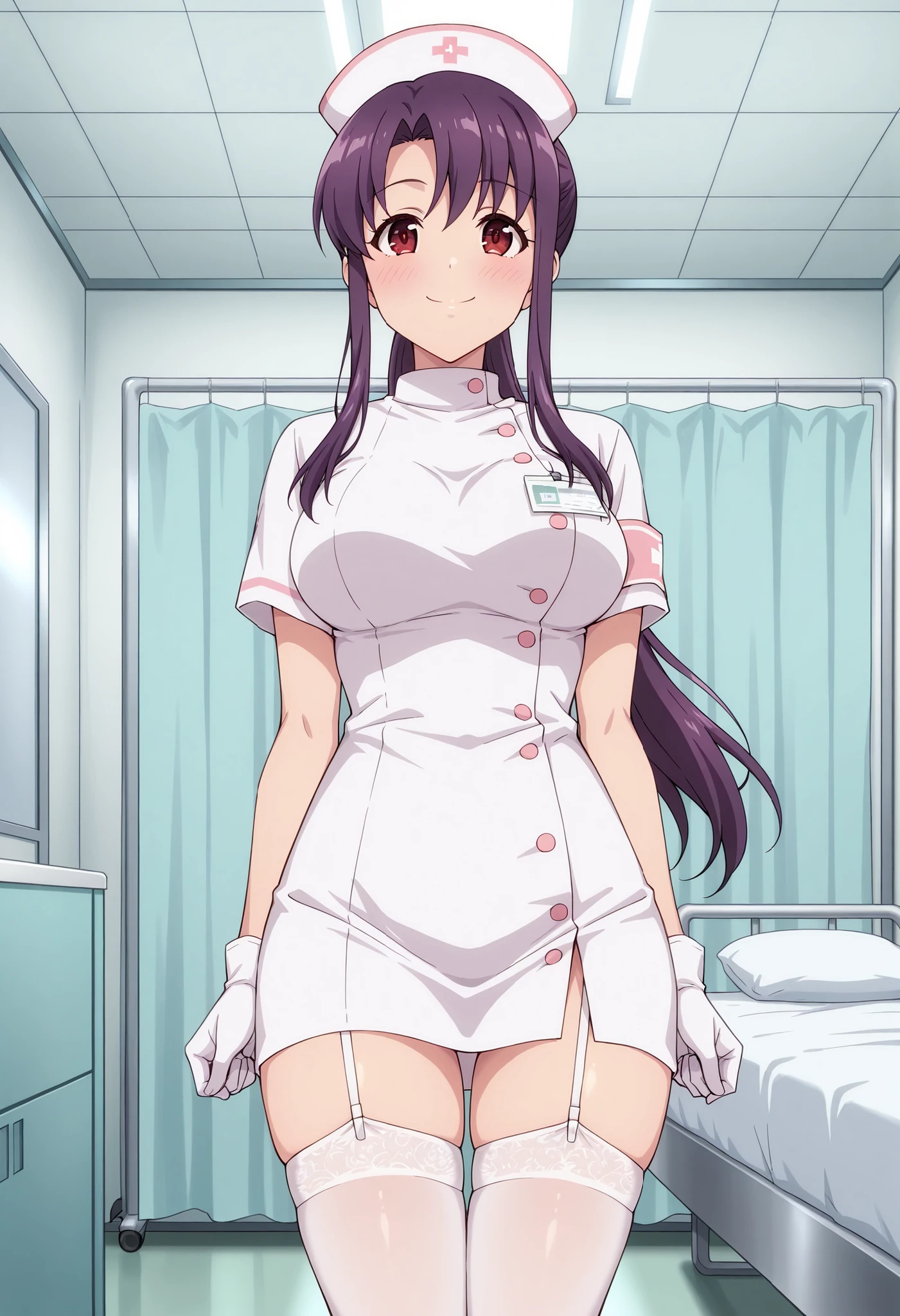 Score_9, score_8_up, score_7_up, source_anime, kitamura_cnr, solo, purple hair, ponytail, sidelocks, red eyes, large breasts, (best quality), (high quality), {masterpiece}, extremely delicate and beautiful, ultra-detailed, beautiful detailed eyes, nurse, nurse hat, ((white nurse's outfit)), white gloves, white thighhighs, hospital room, smile, closed mouth, standing