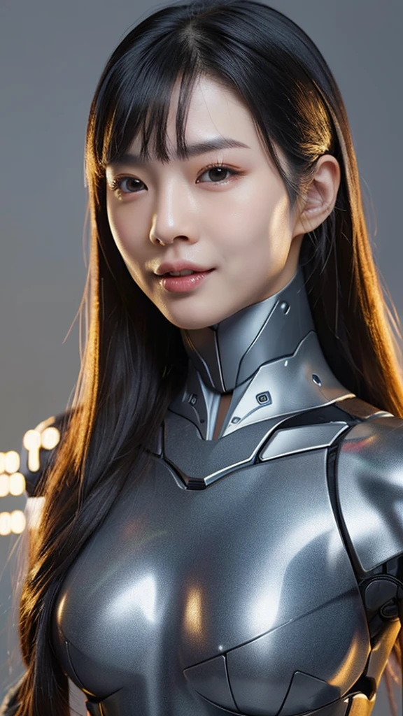 Top quality, masterpiece, tank armor muscular bodybuilder female, beautiful female robot with skin face, cyborg upper body, body covered with transparent acrylic body. face is skin. Tensile muscles, metal tendons, heart, line tubular blood vessels and nerves are visible.