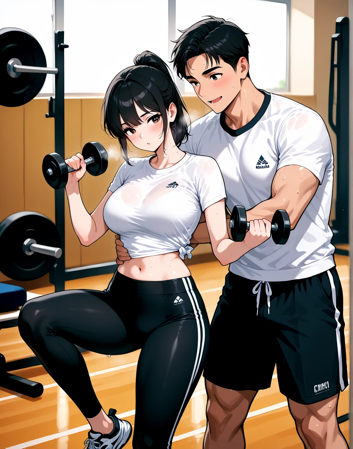 A woman with brown hair, dressed in training wear, is working out at the gym, doing bench presses. She struggles alone, her face showing signs of strain. A man with black hair, also dressed in training wear, notices her and comes over to help by holding the dumbbells together with her.
“Are you okay? Need some help?” he asks with a friendly smile.
She nods with relief, and together they lift the dumbbells.
“Thank you, I really appreciate it,” she says, breathing heavily.
“No problem. I'm always here to help,” he replies with an encouraging nod.
Make this story into a manga! Please add comment bubbles for the dialogue.