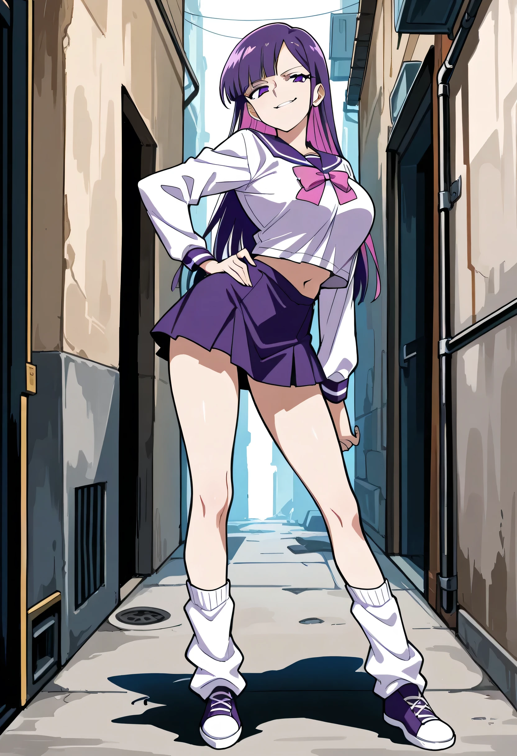score_9, score_8_up, score_7_up, 1girl, mature, solo, smirk, long hair, bangs , straight hair, purple hair , pink highlights inner , purple eyes, purple sailor school uniform, navel , short skirt, long legs , big breast , arched back , hand on hip , loose socks, casual stance , shoes , alley background ,
v3r1d1an,