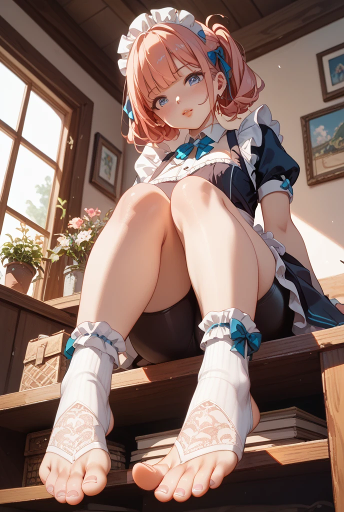  1 woman, sitting down legs outstretched, (((((UHD))))), (((((masterpiece))))), ((((super detail)))), high details, ((((high quality)))), ((((best quality)))), (((highres))), ((((16k)))), ((Shadows)), ((bright red hair)), hair over shoulder, side swept bangs, (tank top and skirt clothing), ((all white clothing pallet)), (colourful), heart-shaped pupils, one eye closed, sparkling eyes, ((big beautiful light blue eyes)), crystal earrings, grin, bright pupils, (evil seductive smile), natural lips, light blush, cheek-to-cheek, sparkle, god rays, backlighting, reflection light, bloom, dutch angle, perspective, from below, from the front, (close up of feet), picture focused on feet((defined jawline)), (Royalty), ((16:9 image), (landscape imagery), feet facing upwards, wearing fluffy socks, facing camera, 