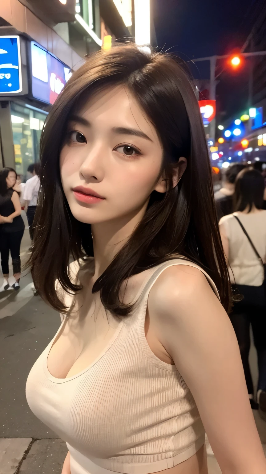 ((Best quality, 8k, Masterpiece: 1.3)), Sharp focus: 1.2, A beautiful woman with perfect body: 1.4, Slim abdomen: 1.2, ((Layered haircut, Large breasts: 1.2)), (no bra) (Small and beautiful hard nipple) (Thin and damp button up to shirt length: 1.1), (White shirt wet by rain), (Rain, Street: 1.2), Wet body: 1.1, Highly detailed face and skin texture, Detailed eyes, Double eyelid, tanned skin, sexy, tan, dark skin, tanned body, exposed shoulders, cleavage