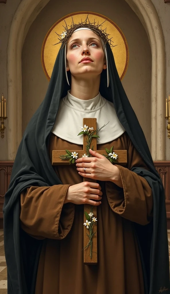 Saint Rose of Lima realist, ultra realisitic, put a white dress and a black cape on her like a nun, put a headband of roses on her head, make her more adult, looking appreciatively at the crucifix that is on his hands. head tilted, AND SHE LOOKS MORE LIKE A NUN, friend, NOT SO SERIOUS, not so young, and with more red roses and she looks like a nun, she is looking at the crucifix that is stretched out over her hands, angle of the crucifix is laid over her hand, is standing, looking at the crucifix that is lying on the handle, crucifix leaning over her hand, forearm-sized crucifix