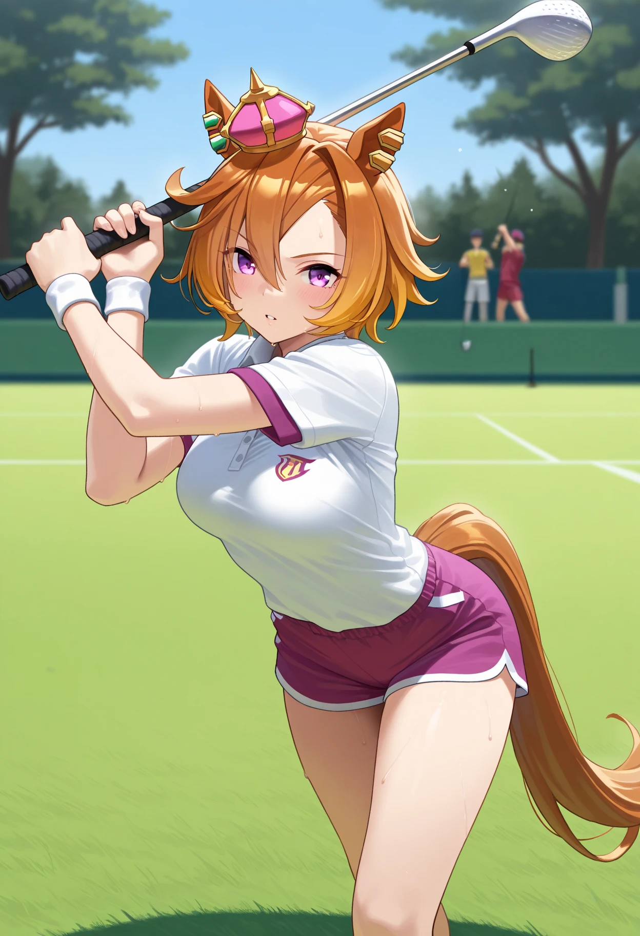 (top-quality、hight resolution、8k、masterpiece:1.2)、colourfull。Curvaceous but slender、Muchimuchi Body、Gachimuchi tennis player。Wilderness tennis courts、Powerful enough to cause ground cracks at the point where the tennis ball falls、Tennis Serve、Racket handling with outstanding destructive power、((Swing the racket in your hand downward、raise one leg back))、(The appearance of a tennis player:accessorized、Eyebrows、double tooth、canine teeth、poneyTail、Muscular nose、red blush、a choker、sun visor、Fleshy lips、Physical beauty、Two-dimensional world、well-muscled、Wacky fashion、Anime style、animesque、well-muscled、Devilish form、unreal)、Backgrounds with depth、The best lighting、active、Depiction in motion、Arm swing with tremendous speed、grand slam、Blurry crowd in the distance、