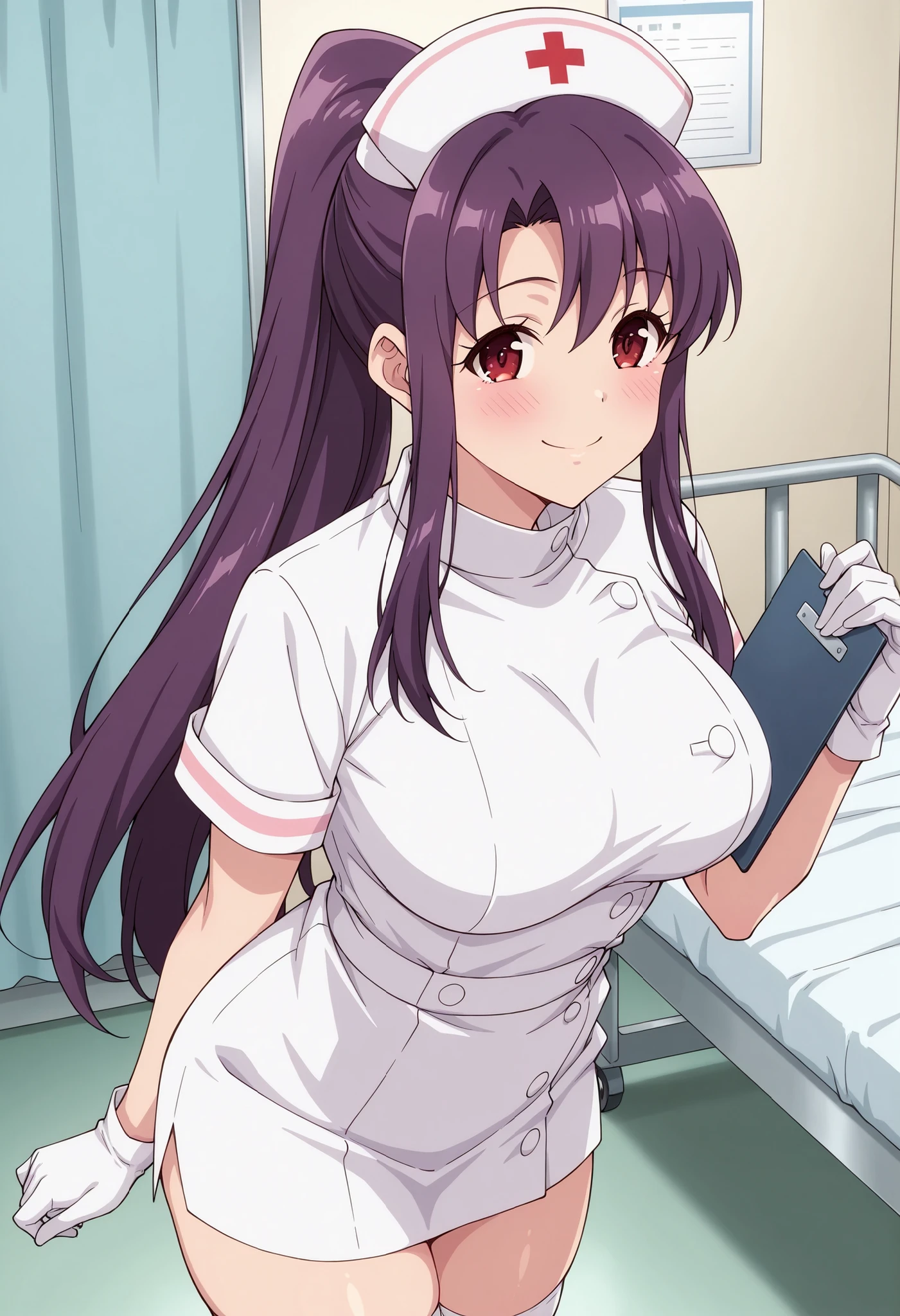 Score_9, score_8_up, score_7_up, source_anime, kitamura_cnr, solo, purple hair, ponytail, sidelocks, red eyes, large breasts, (best quality), (high quality), {masterpiece}, extremely delicate and beautiful, ultra-detailed, beautiful detailed eyes, nurse, nurse hat, ((white nurse's outfit)), white gloves, white thighhighs, hospital room, smile, closed mouth, standing