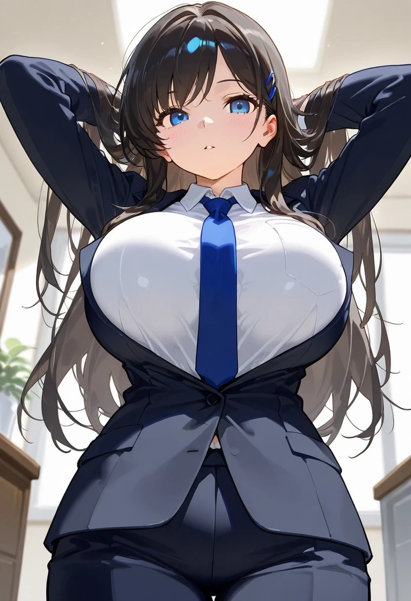 Perfect human body，Mature and intellectual woman， (very highly detailed background，Classroom), college aged，Student council president，long whitr hair，hair adornments，Colossal tits，stocklings，Indecent expressions，sharp look，(Blushlush:1.2),Pubic hair shows through，