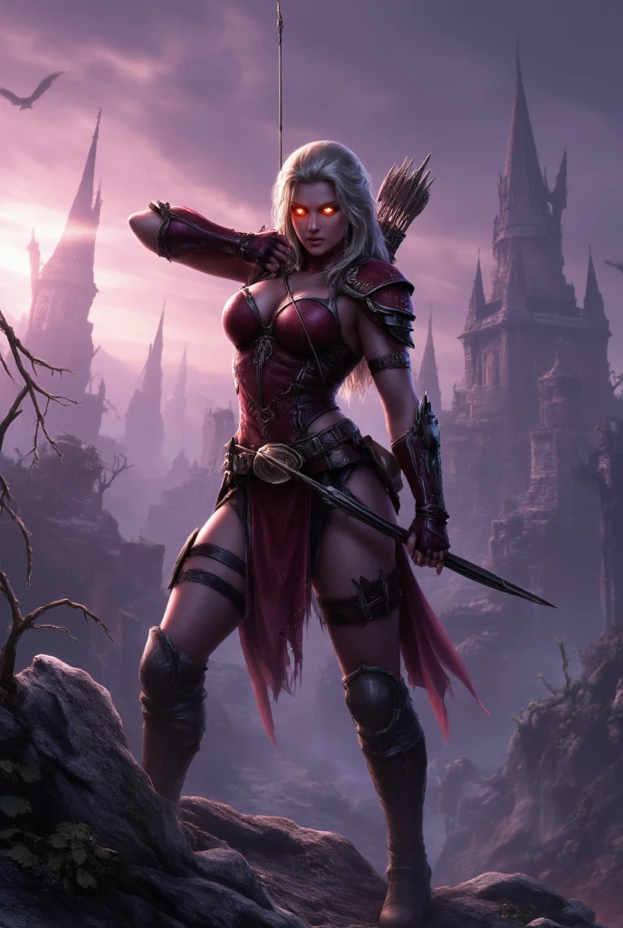<lora:Clothes - Bloodfang:0.9> bloodfang, red and black armor, hood, demon, shoulder armor, gauntlets, gloves, holding a glowing daggers, masterpiece, best quality, 1girl, ultra detailed background, towers and castle, flaming, explosion, epic, war, elf, pointy ears, facial markings, pointy ears, cowboy shot, standing, white hair,