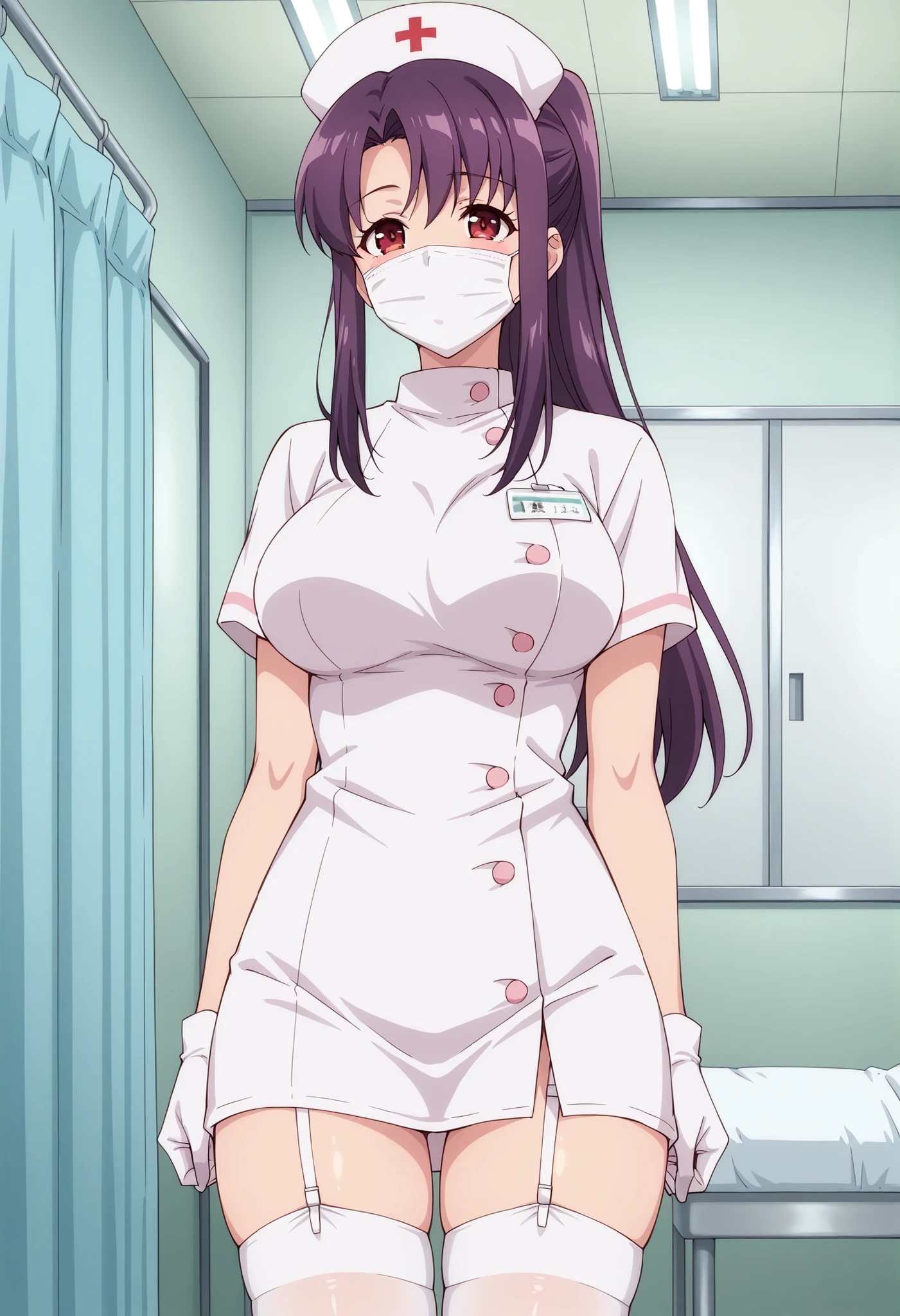 Score_9, score_8_up, score_7_up, source_anime, kitamura_cnr, solo, purple hair, ponytail, sidelocks, red eyes, large breasts, (best quality), (high quality), {masterpiece}, extremely delicate and beautiful, ultra-detailed, beautiful detailed eyes, nurse, nurse hat, ((white nurse's outfit)), white gloves, white thighhighs, hospital room, ((white mask, mouth mask, covered nose)), standing