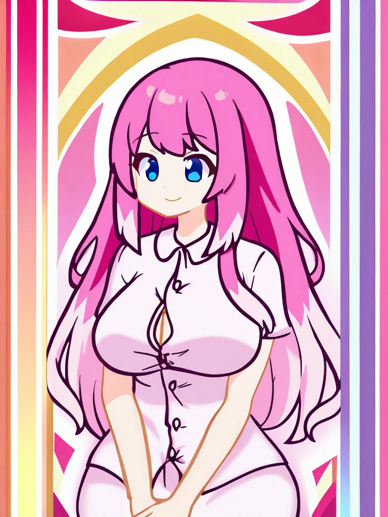 
A girl with long light pink hair，Large breasts，Unbutton clothes，bikini，Dumb，gentle，Smile，粉红色halo，halo，white tight shirt，White shirt，moist，bikini，Smile，blush，green eyes，There is lace around the neck，Du Qiong，grace，anime girl，topless