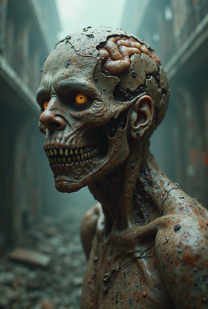 (Professional 3D rendering:1.3) de (Realistic:1.3) in a post-apocalyptic wasteland, The mind-blowing entity of the meat bread Cyborg stands against a blood-red sky, sua forma uma mistura de metal retorcido e carne grotesca, A symbol of technological corruption. The environment is a barren desert, with cracked earth and shattered remnants of civilization scattered around. The atmosphere is imbued with a sense of dread and hopelessness, as if the world itself was on the verge of collapse. The style is a dramatic digital painting, Usando BO