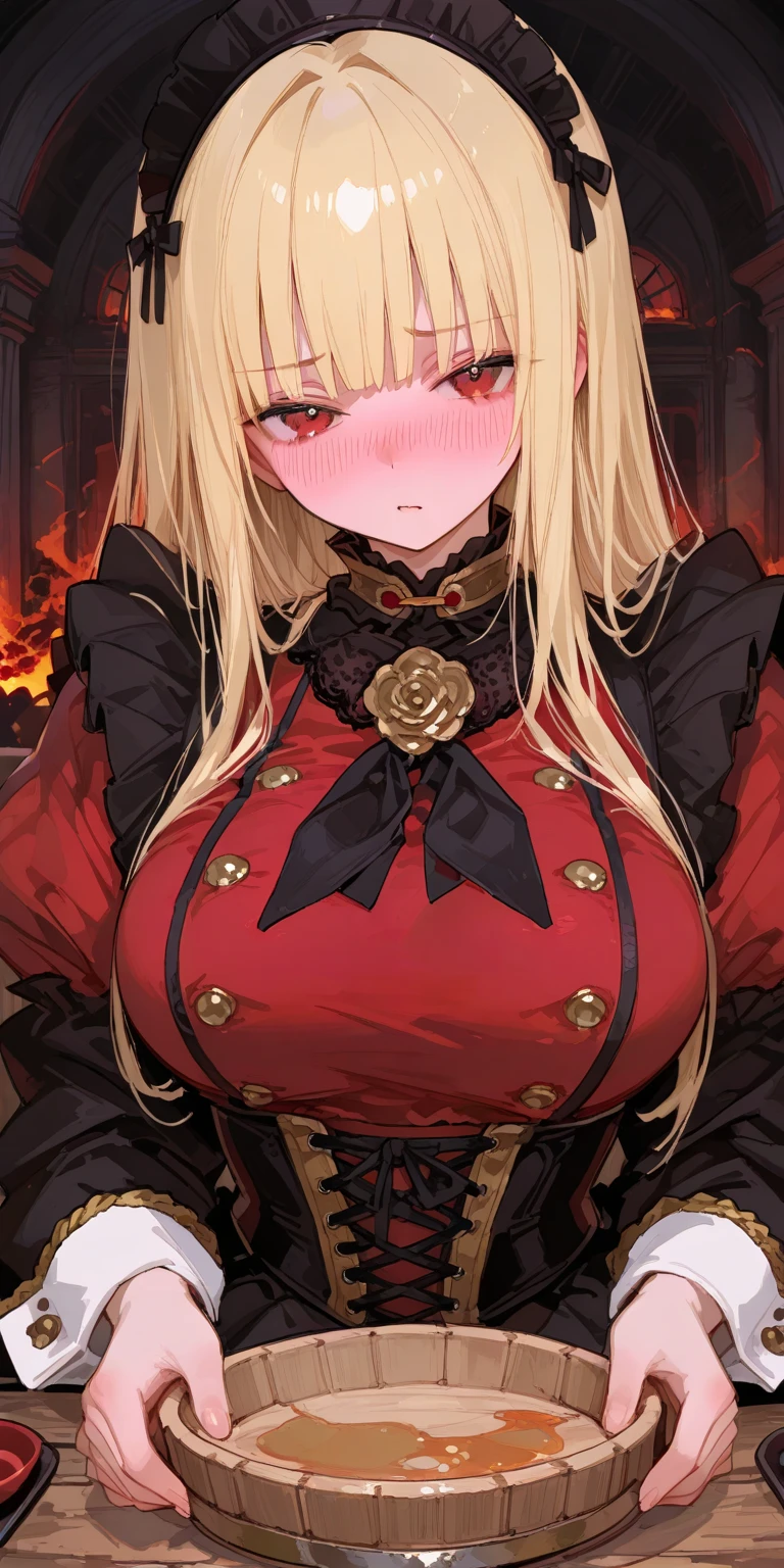 score_9, score_8_up, score_7_up, best quality ,masterpiece, 4k, Japanese anime, 1girl, (long length hair:1.2), Fishnet tights, drill hair, blonde hair, (huge breasts:1.3), (eye lashes:1.3), (eye shadow:1.3), blue eyes, (beautiful detailed eyes:1.4), pouty lips, 130cm tall, original character, fantasy, (demon wing:1.5),(White background:1.2), beautiful fingers, (blue gold lace frill Gothic dress:1.5), (red tiara:1.5) ,(head ribbon:1.5),shoot from front, looking at viewer, 