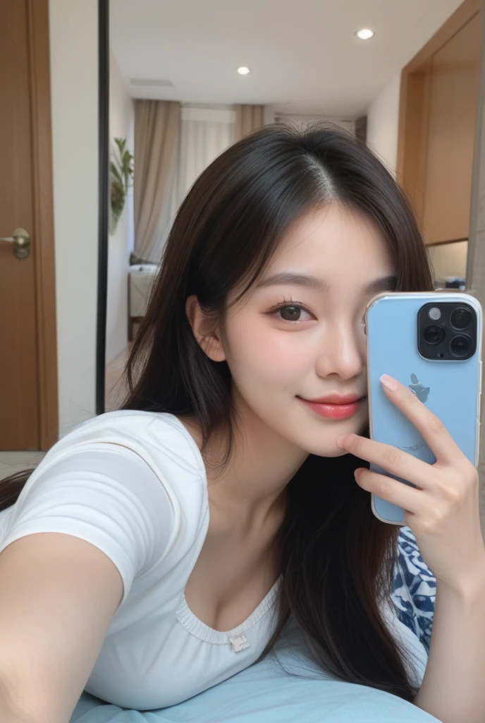- Top quality, Asian woman in mirror reflection, long black hair, holding smartphone for selfie, wearing stylish camisole, soft indoor lighting
- Best quality, young Japanese woman, medium length wavy hair, using smartphone to take mirror selfie, in lace top, happy expression, bedroom background
- High resolution, pretty woman, short hair in mirror, taking selfie with phone, casual look with striped blouse, lively room decor
- (Top Quality, 8k, Masterpiece:1.3), beautiful lady, long brown hair, mirrored selfie, wearing elegant dress, soft smile, well-lit vanity area
- (Best quality, High resolution, Masterpiece:1.2), young lady, ponytail, capturing mirror selfie with phone, chic tank top, playful pose, fashionable living space
