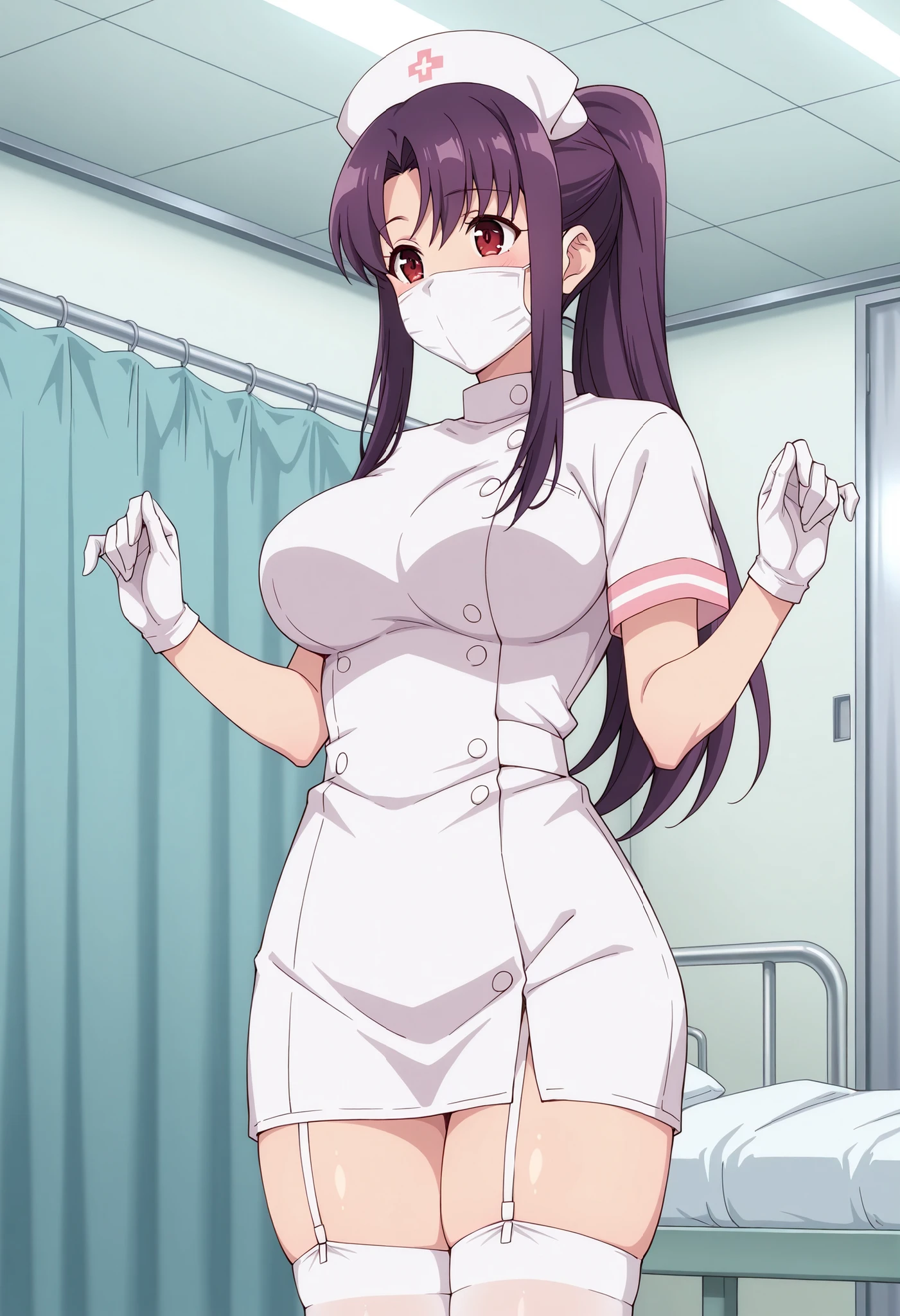 Score_9, score_8_up, score_7_up, source_anime, kitamura_cnr, solo, purple hair, ponytail, sidelocks, red eyes, large breasts, (best quality), (high quality), {masterpiece}, extremely delicate and beautiful, ultra-detailed, beautiful detailed eyes, nurse, nurse hat, ((white nurse's outfit)), white gloves, white thighhighs, hospital room, ((white mask, mouth mask, covered nose)), standing