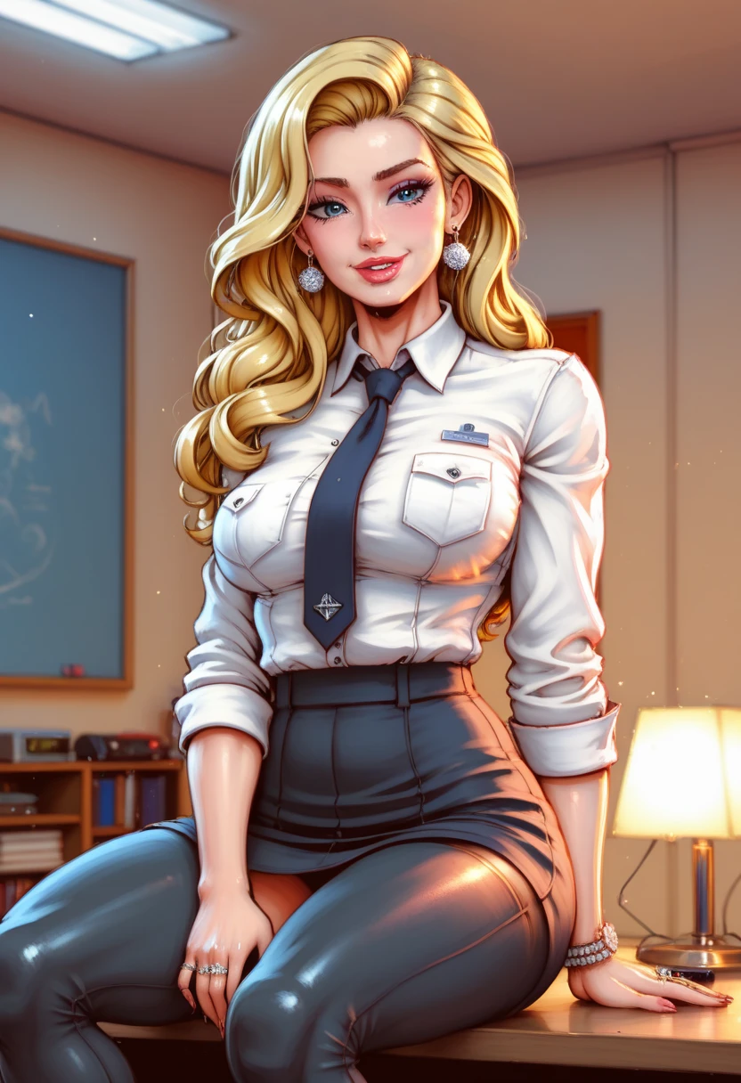 (Practical,photo-Practical:1.37),1 Girl,Beautiful young girl,16 years old,whole body,With a cute face and light eyes. Her long blond hair was tied into two cute little braids, Makes her look young and lively. She has natural beauty，Exudes a pure feeling. The focus of the image is the girl&#39;s facial expression, Capture her charm and charisma，White girl with twin ponytails，Sweet smile，(((Sitting in a university classroom))，Wear a sexy short skirt，Overlooking，Big breasts，Tight Fit