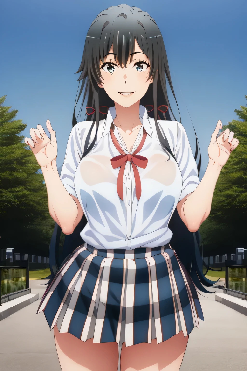  beautiful smiling woman  ，Can you draw a woman smiling in front of the giant ferris wheel at Takasago Rinkai Park，20-year-old adult woman with a nice smile，with long black hair at Kasai Rinkai Park，Big breasts、 The  ，I need a face，white blouse，Navy Blue Pleated Miniskirt，