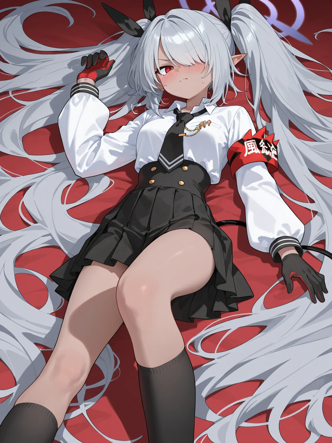 Long white hair, Red eyes, Black pleated skirt，Inside was a white sailor suit，Wearing black pantyhose, Plump body, An anime character, Only one person，Drinking brown drinks on the street