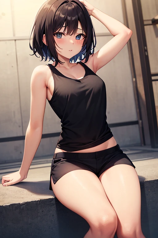 Sweaty and covered in scars, she sits in the waiting room and cries. She is a cute Japanese high school girl with short-cut black hair. She is wearing a sports bra, high-leg shorts, and open-fingered gloves. Small breasts, poor belly, slender body, poor body. Erect nipples.