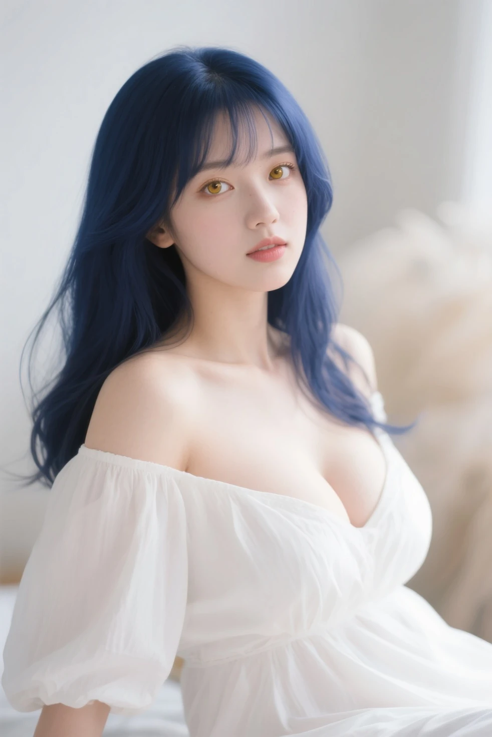 Gorgeus Girl, Beautiful, Baby Face, 20 Years Old, White Skin, Colossal Breasts, Side Pose, ((Cleavage)), White Classy Checkered Dress, Blue Eye, Muscles, Bokeh, Masterpiece, Medium Bob Blue Hair, simple blue wall