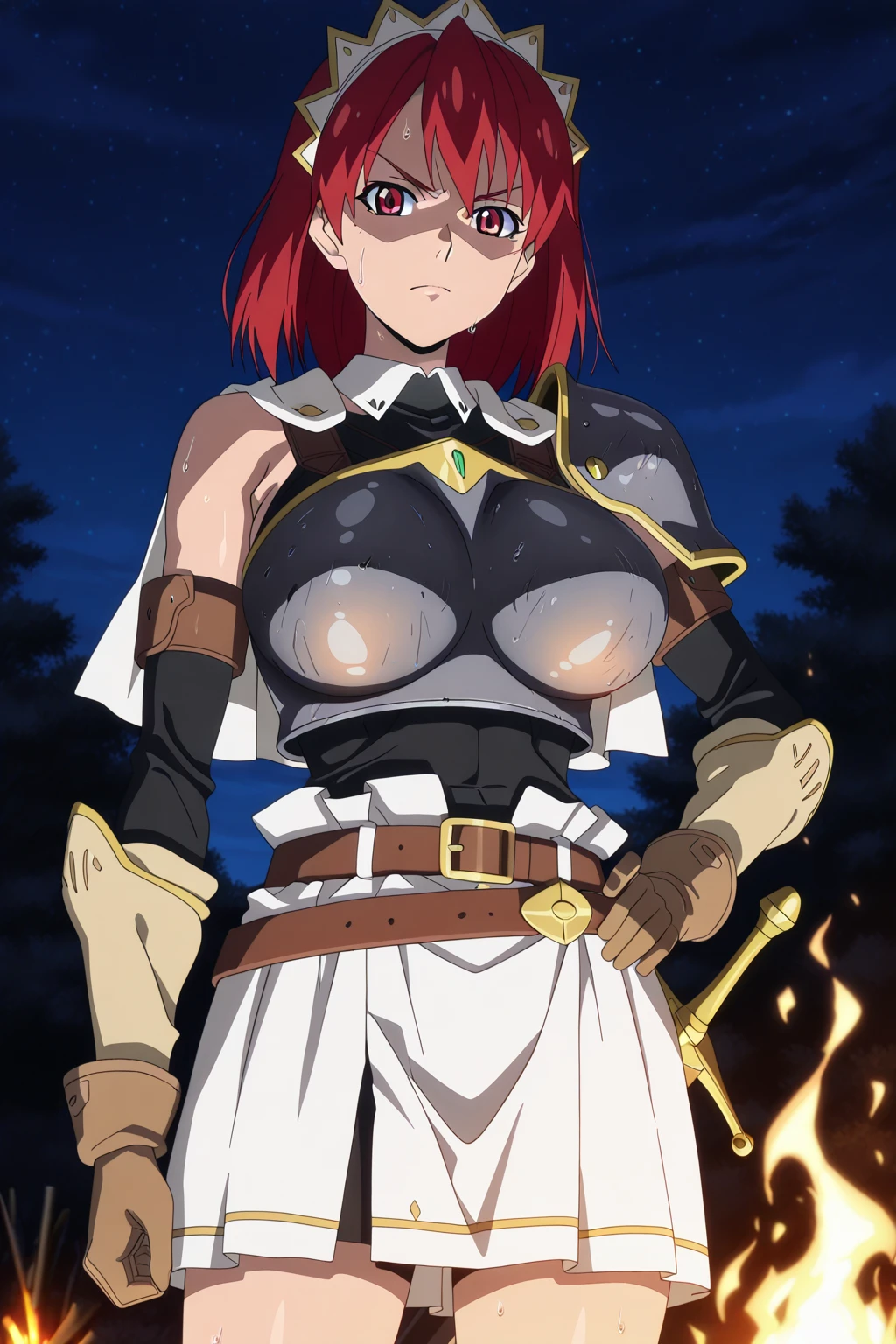 Masterpiece, (flat black background:1.2) solo, detailed face, intricate iris, thick lips, robot girl, (gold and white skin), realistic illustration of a (cyborg girl), (RED eyes), IvoryGoldAI, (freckles),(holding BREATHTAKING:1.2), (gold and white armor:1.2), (looking at viewer:1.2), parted lips, standing straight symmetrical, looking at viewer, lustful smirking smile face red blushed red cheeks, thick thighs, thigh highs, thigh, boots, armor, armored boots, full body armor, bikini armor, big breastplate, pauldron, bracers, leather black choker, tiger claws gloves, short bob white haircut, helmeted, metal shoulders, red long loincloth, longest blue cape reach to the waist, shackles and chains wristbands