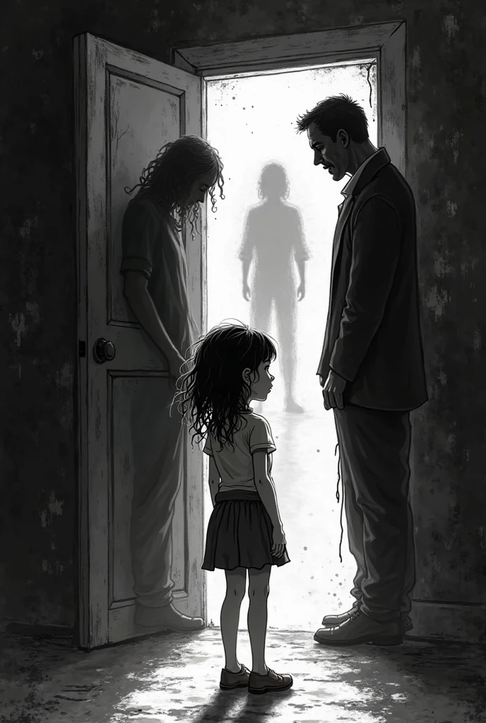 A mother hugs a deformed zombie child in basement. Children's book style. Sketchy monochromatic.